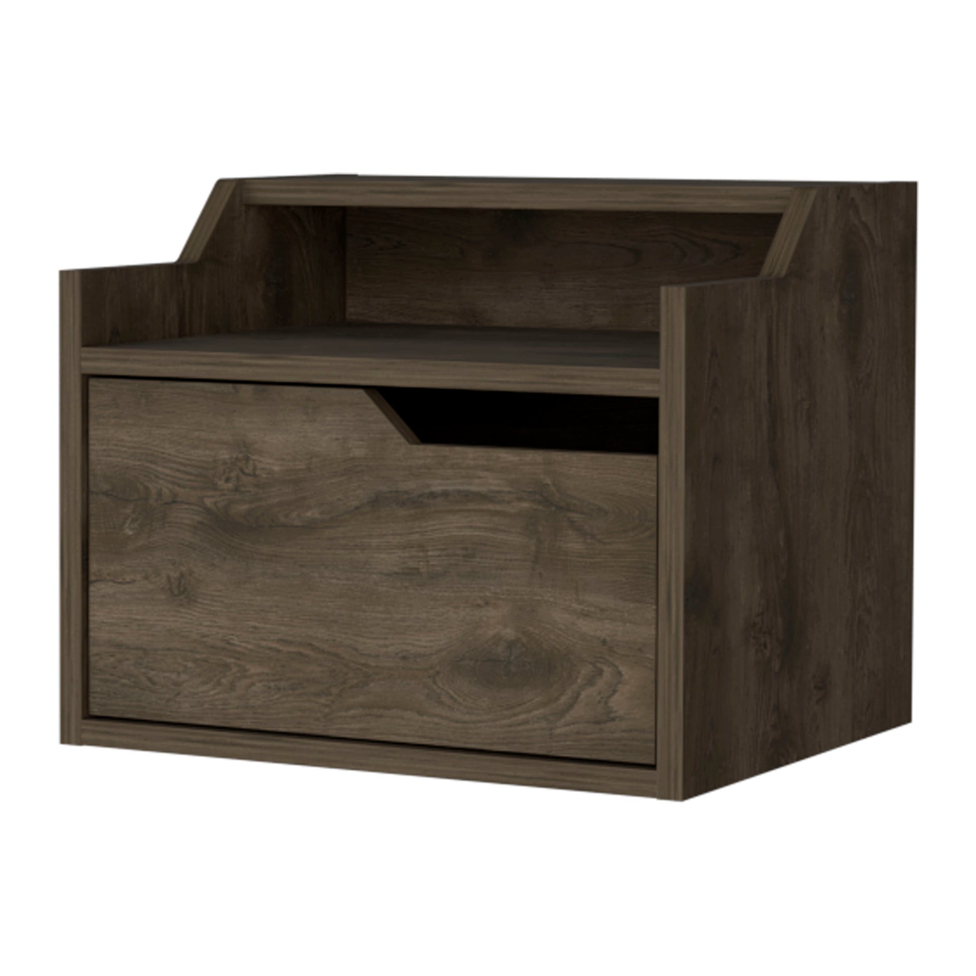 Modern dark wood bedside table with single drawer and open shelf