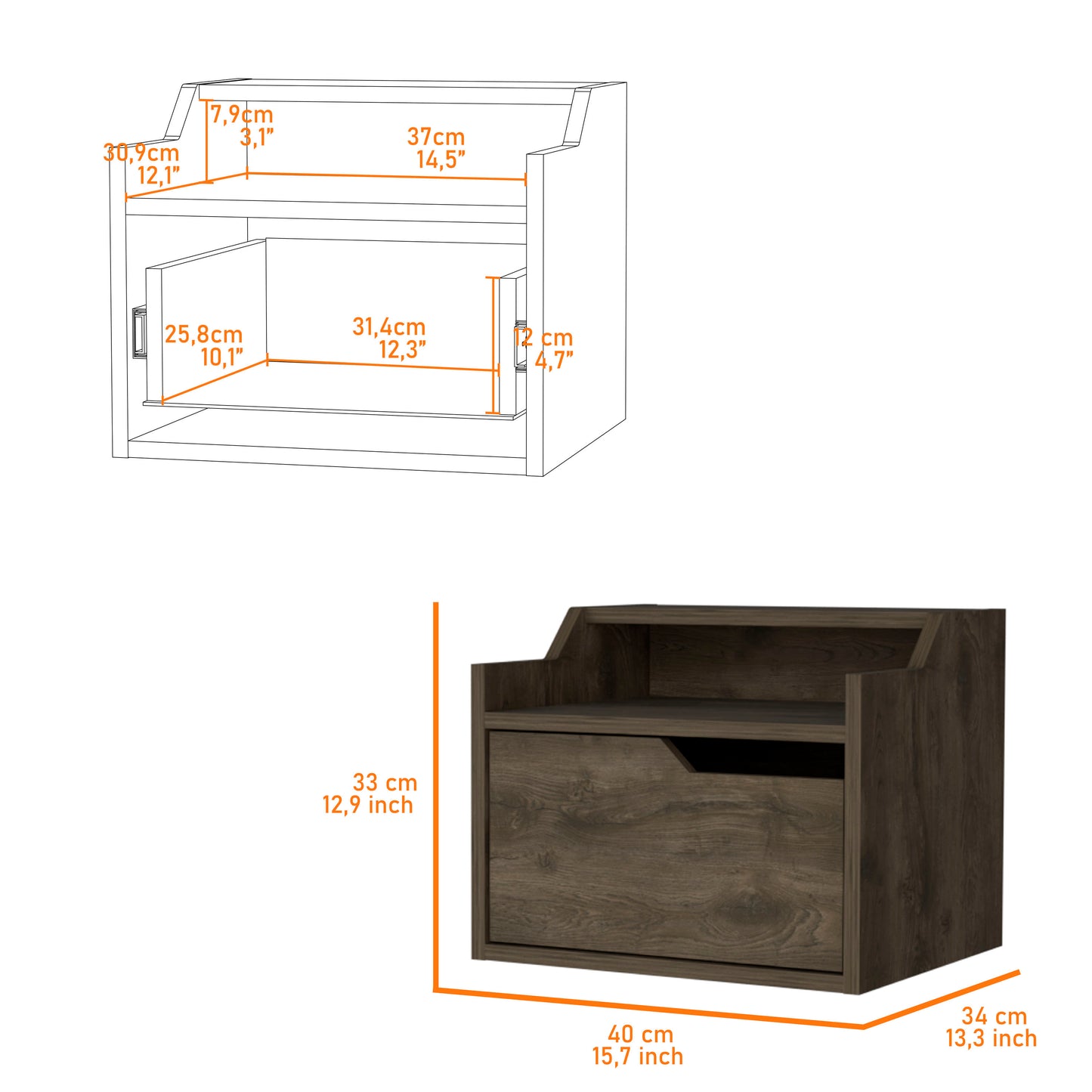 Dark wood veneer nightstand with one drawer and open shelving dimensions cm W x cm D x cm H