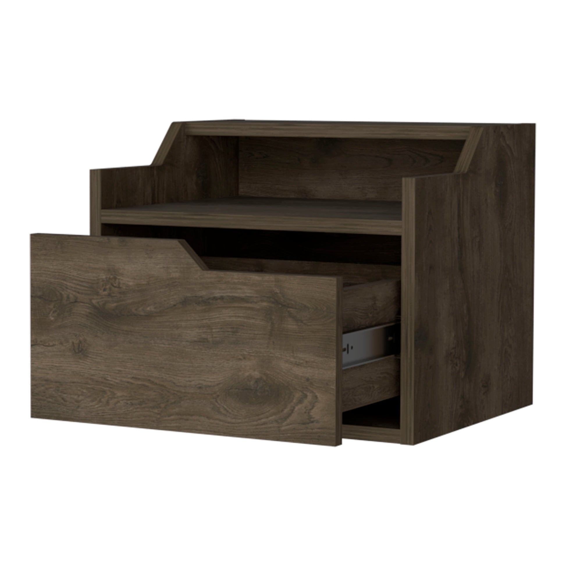 Dark wood bedside table with an open drawer and shelf modern design