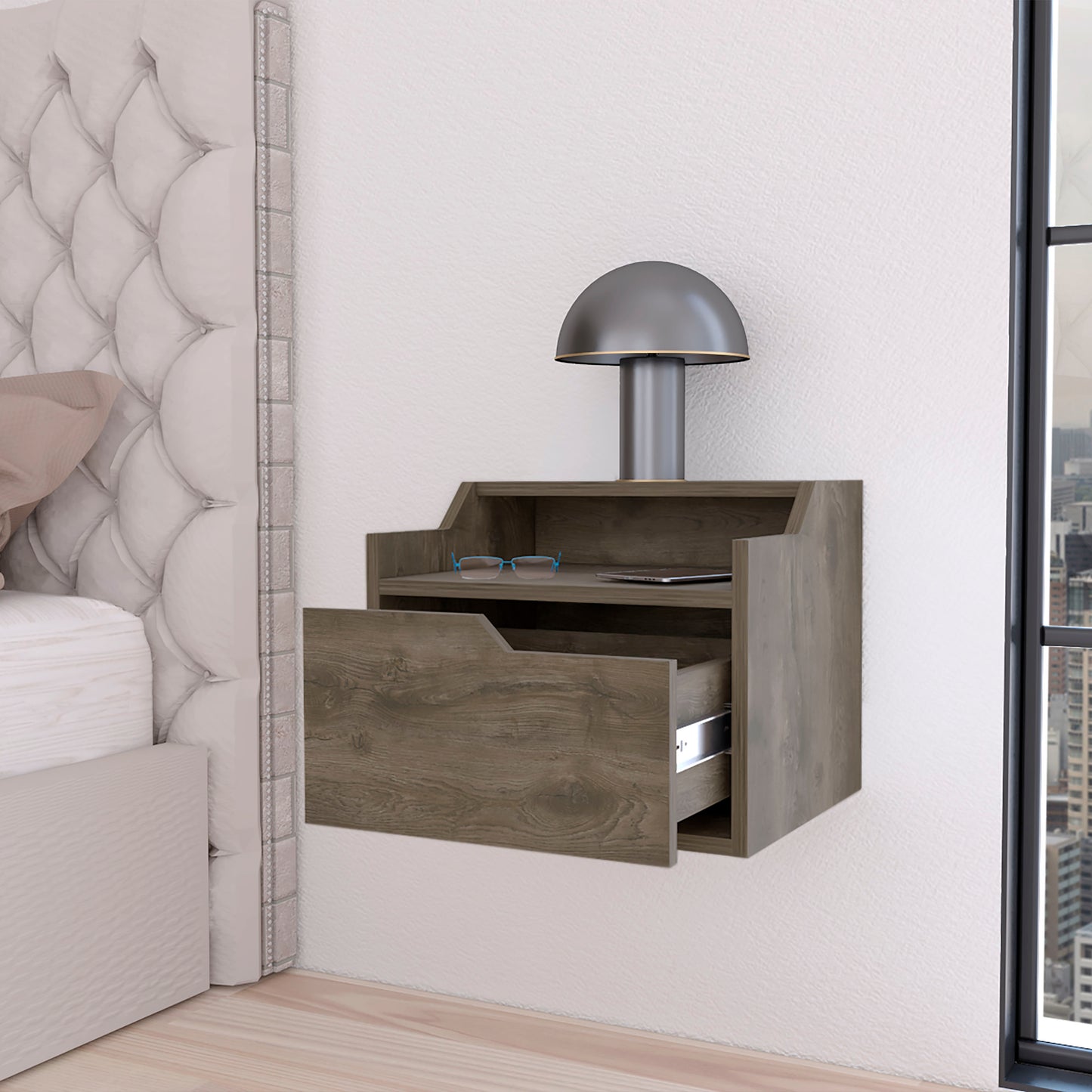 Wallmounted nightstand with wood grain finish single drawer and open shelf