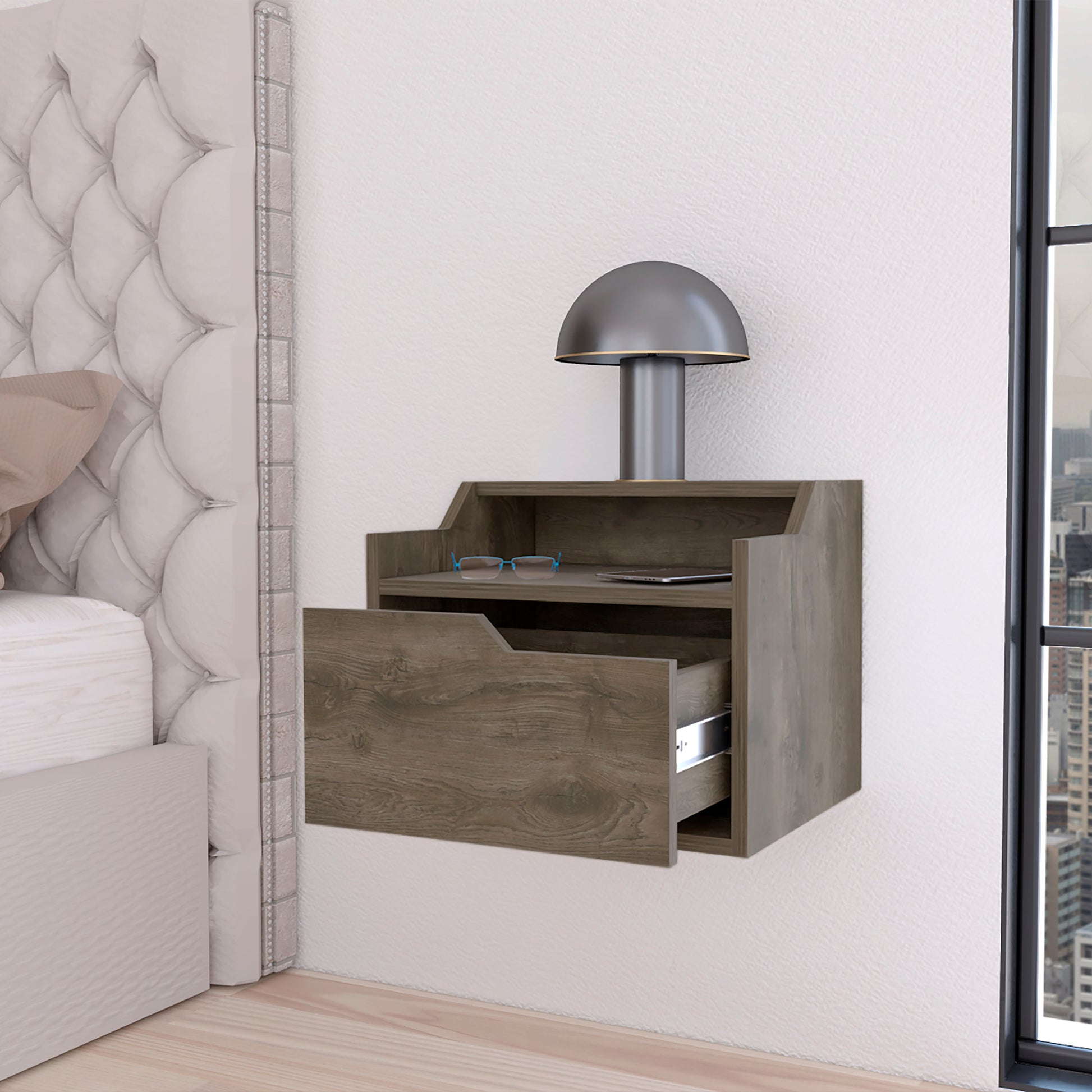 Wallmounted nightstand with wood grain finish single drawer and open shelf