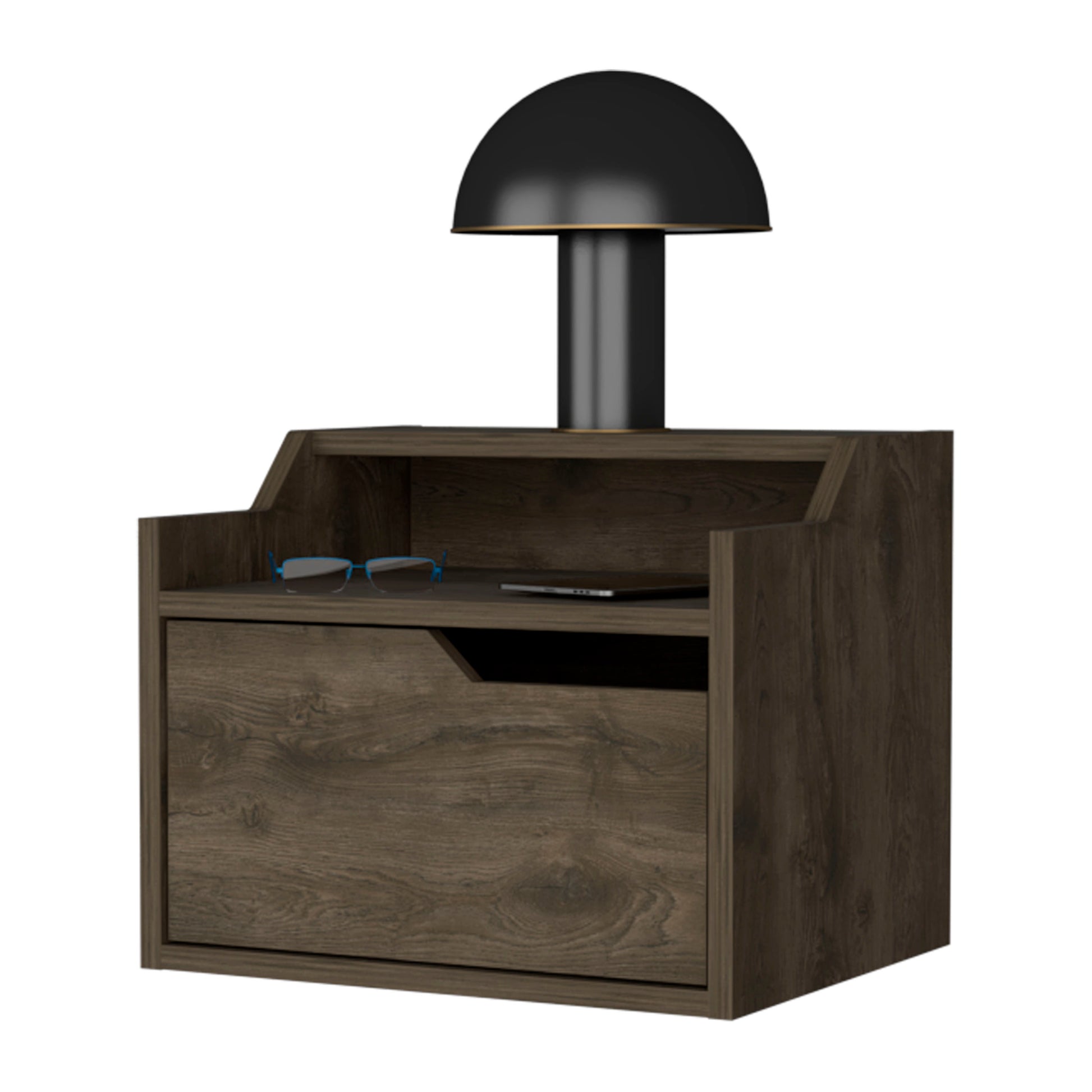 Modern dark wood bedside table with integrated black mushroom lamp and open shelf