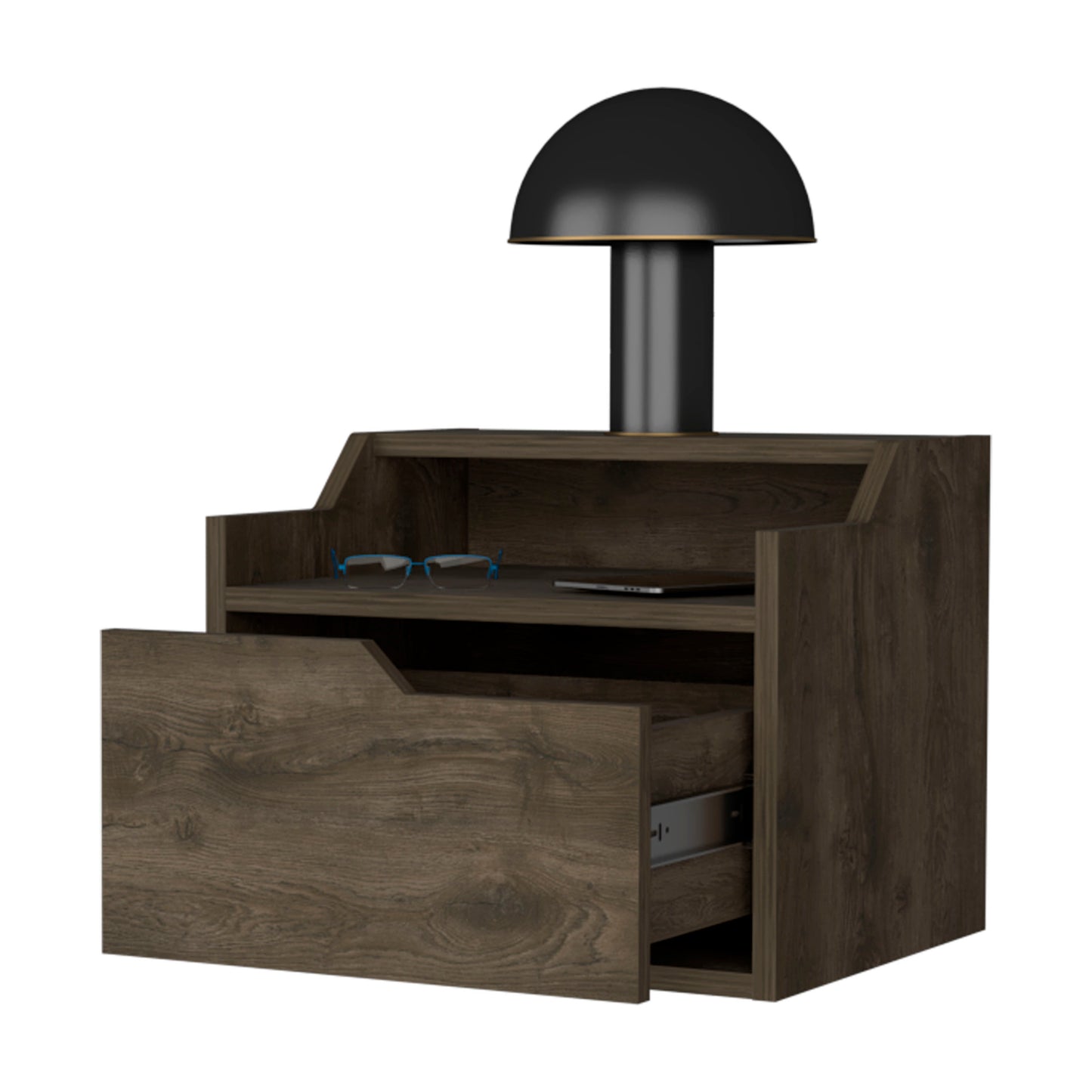 Dark wood nightstand with open drawer glass phone and black dome lamp