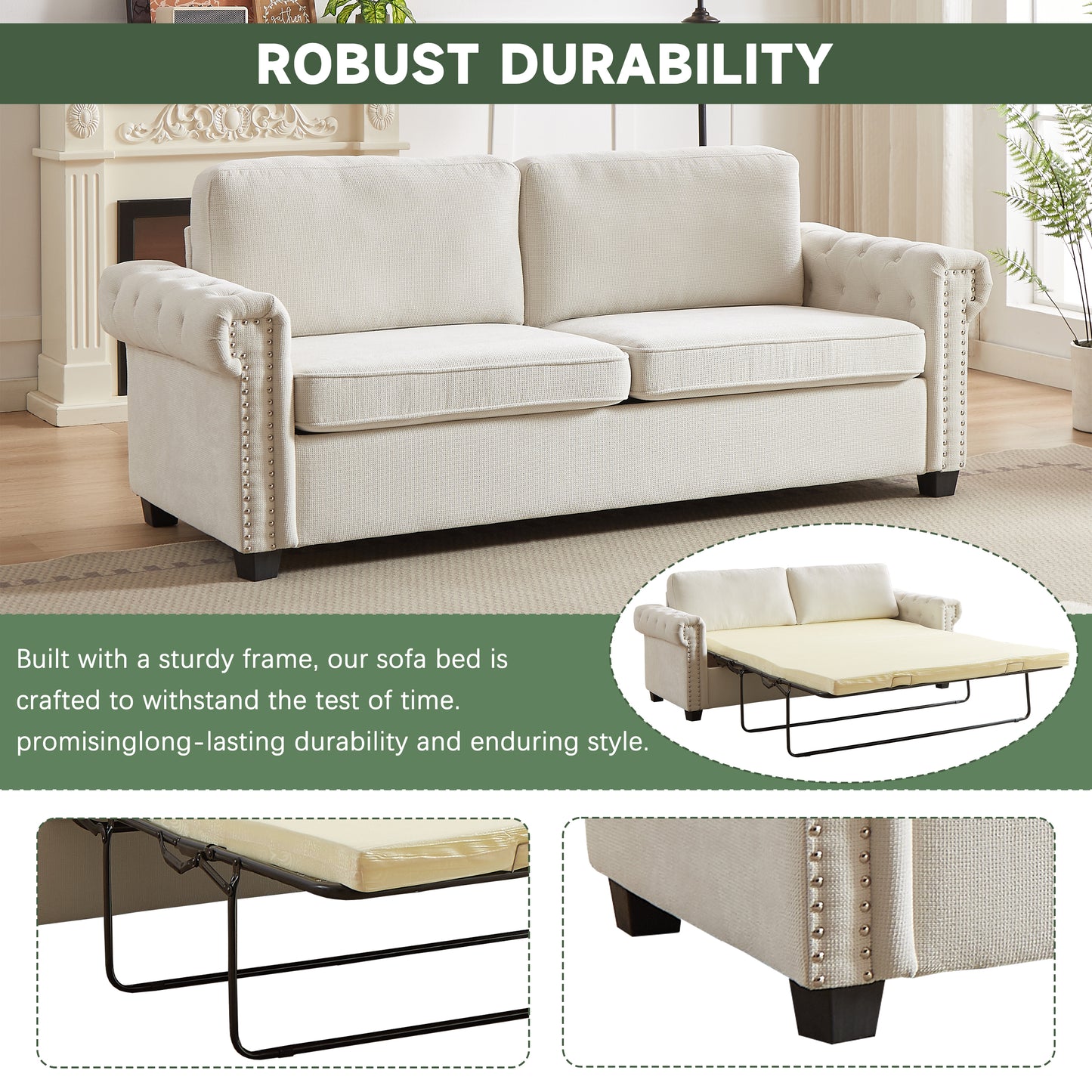 Cream fabric sofa bed with tufted arms and decorative nailhead trim