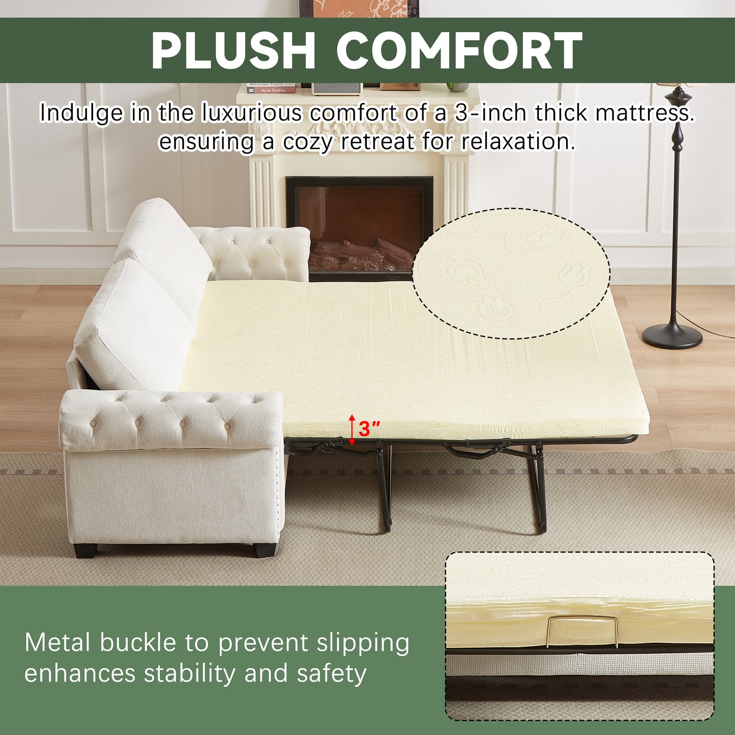 Cream colored inch thick mattress with a subtle embossed floral pattern for plush comfort