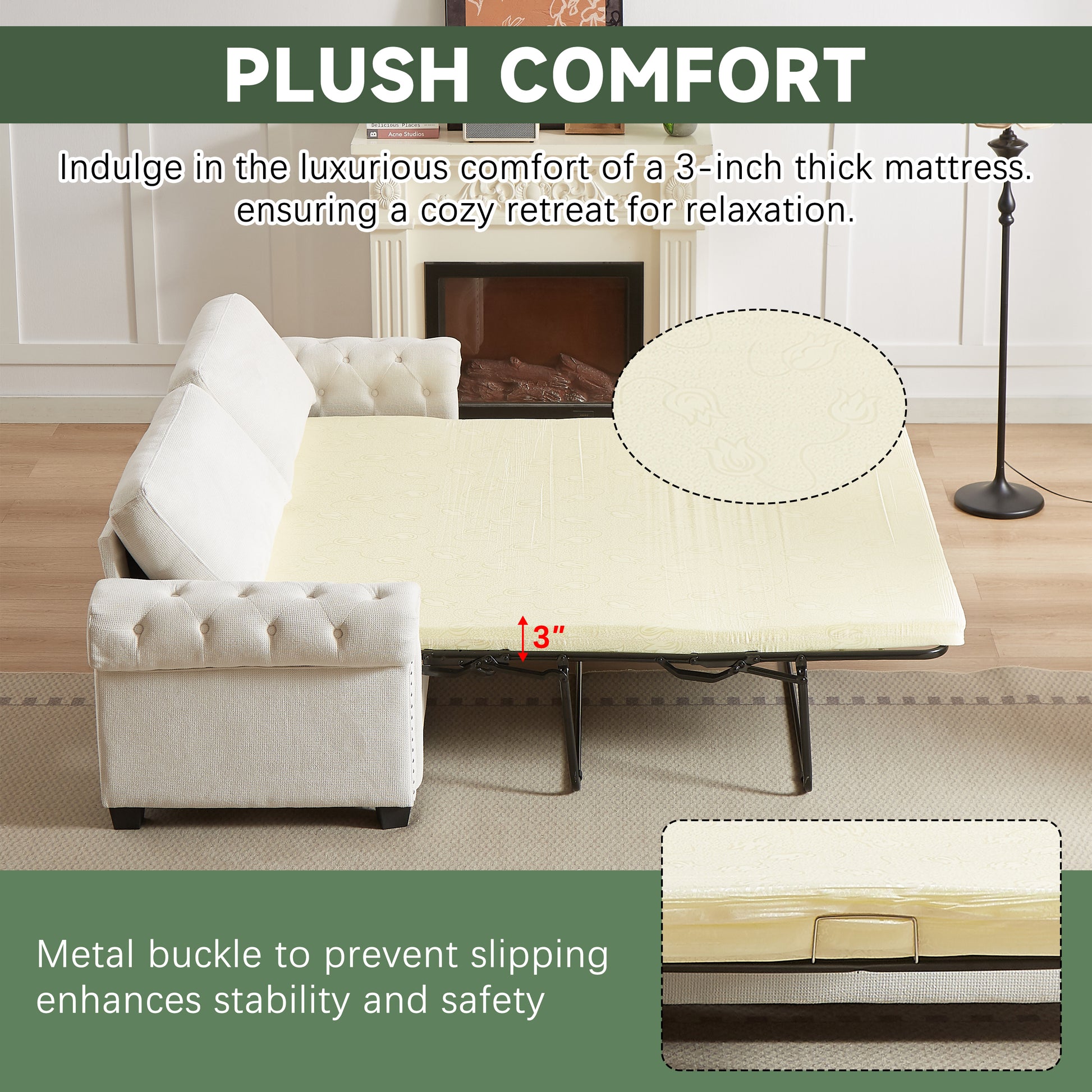 Cream colored inch thick mattress with a subtle embossed floral pattern for plush comfort