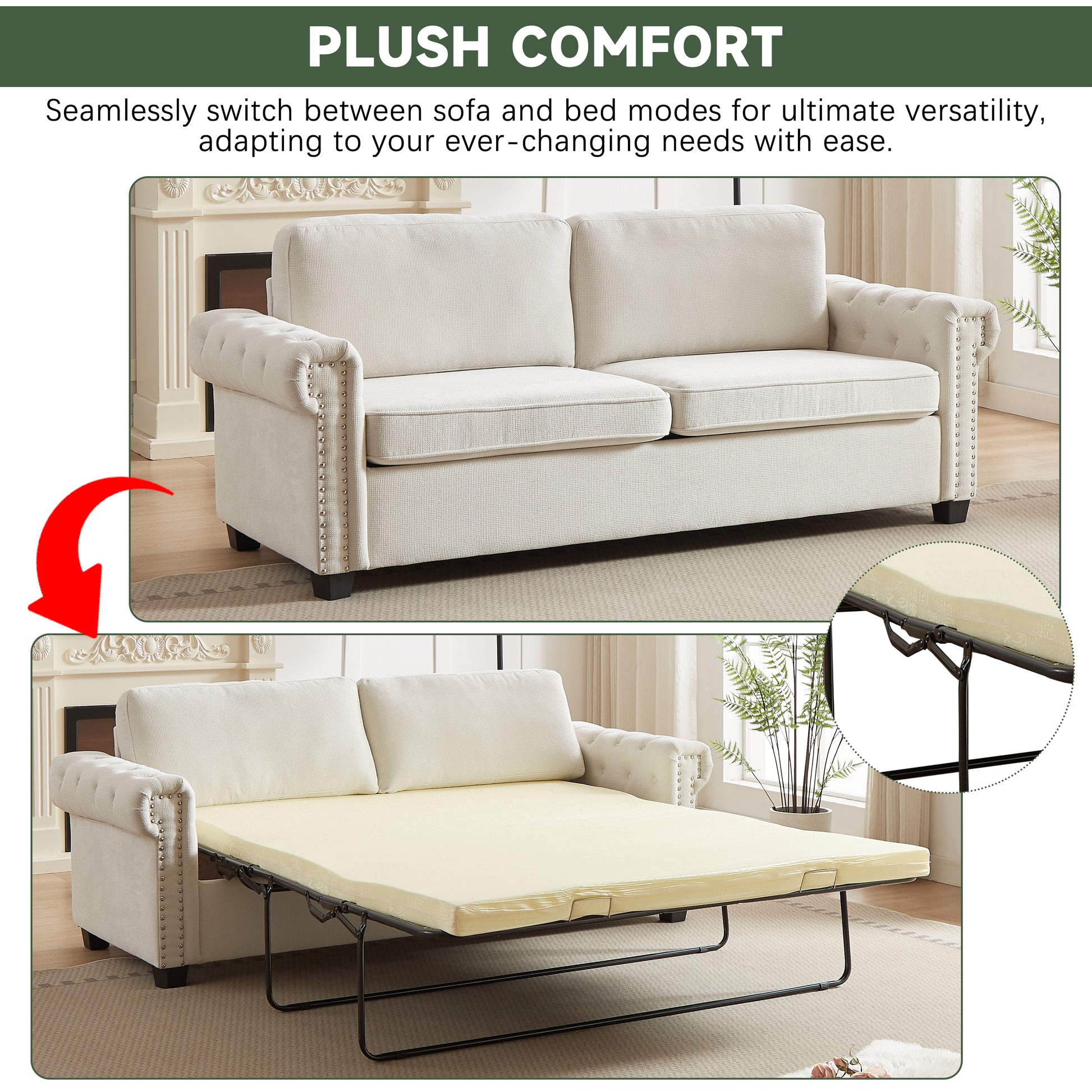 Cream fabric sofa bed with tufted arms and nailhead trim in sofa mode