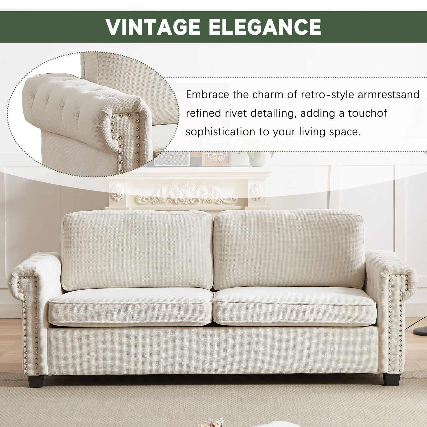 Cream tufted sofa with rolled arms and silver nailhead trim perfect for a living room
