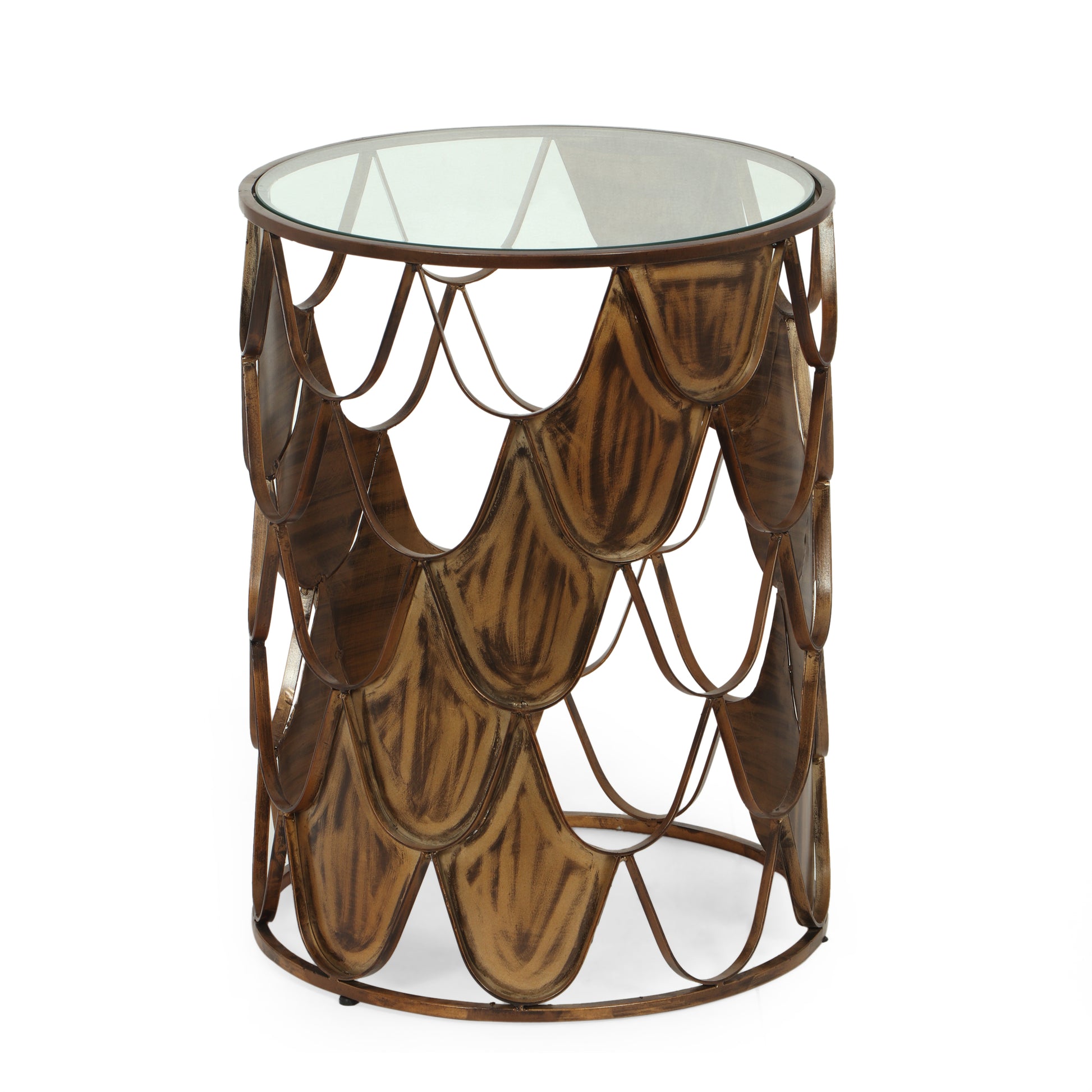 Round glass top accent table with antique brass metal base featuring scalloped design