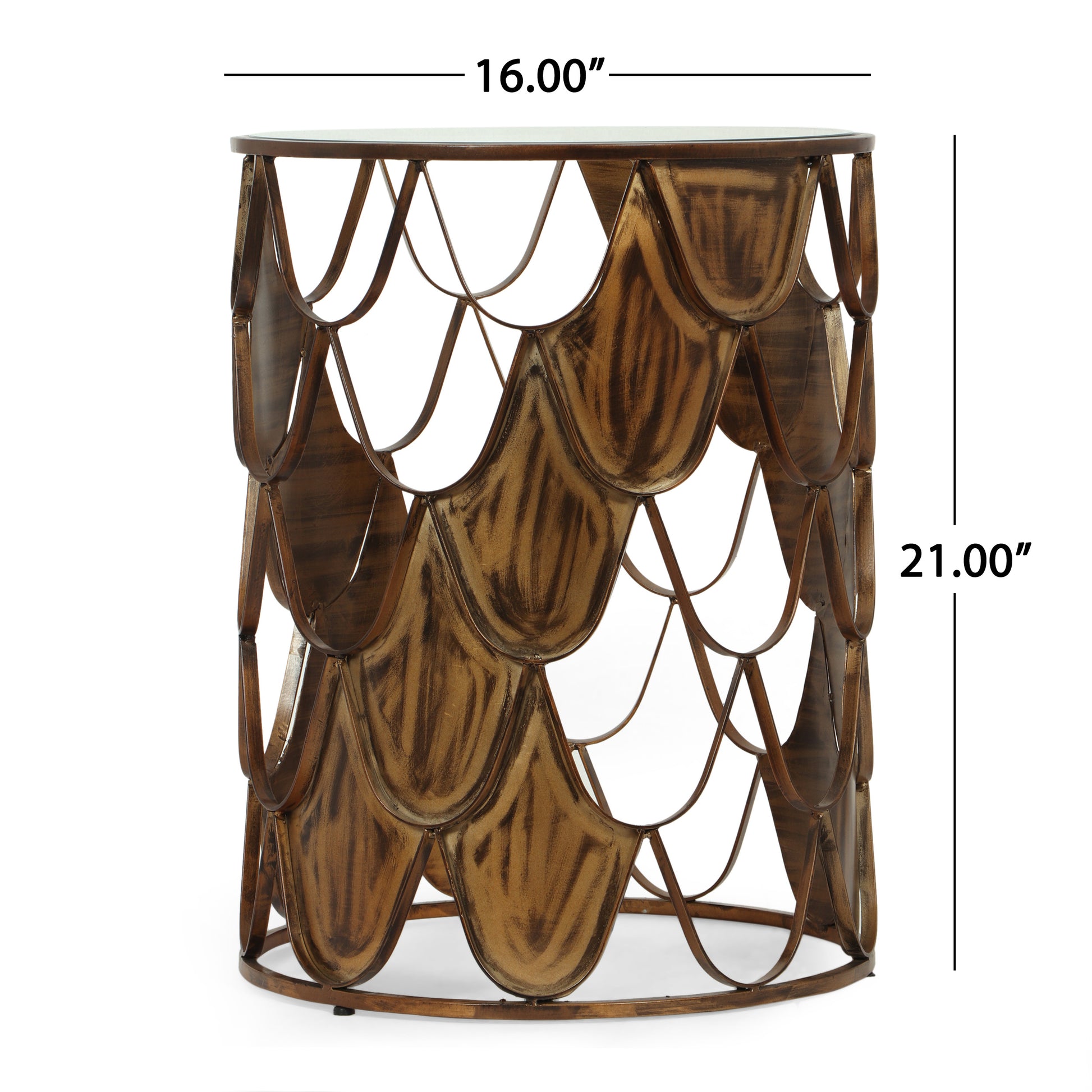 Antique gold metal accent table with glass top featuring an ornate scalelike metal base