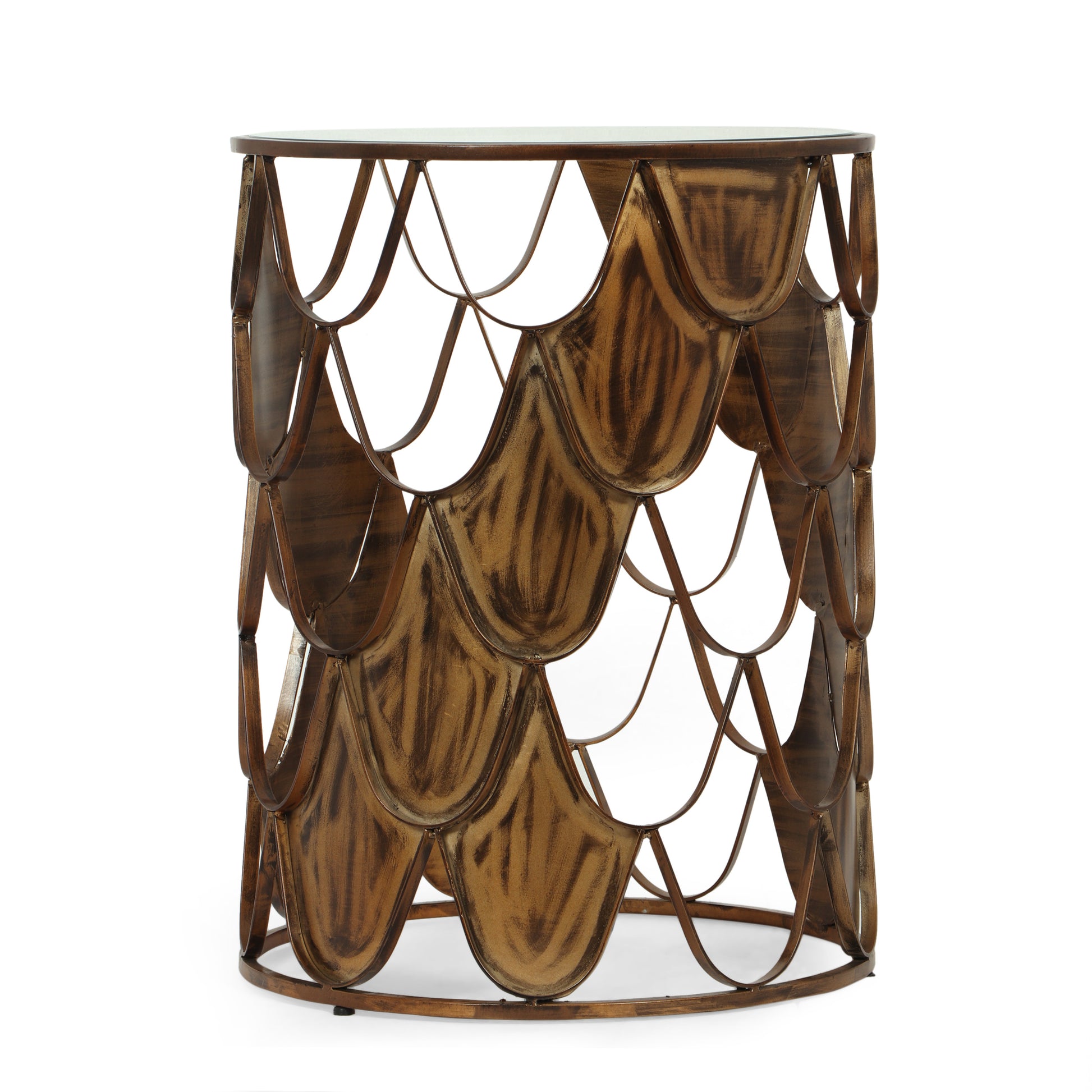 Textured bronze metal side table with glass top and unique geometric pattern