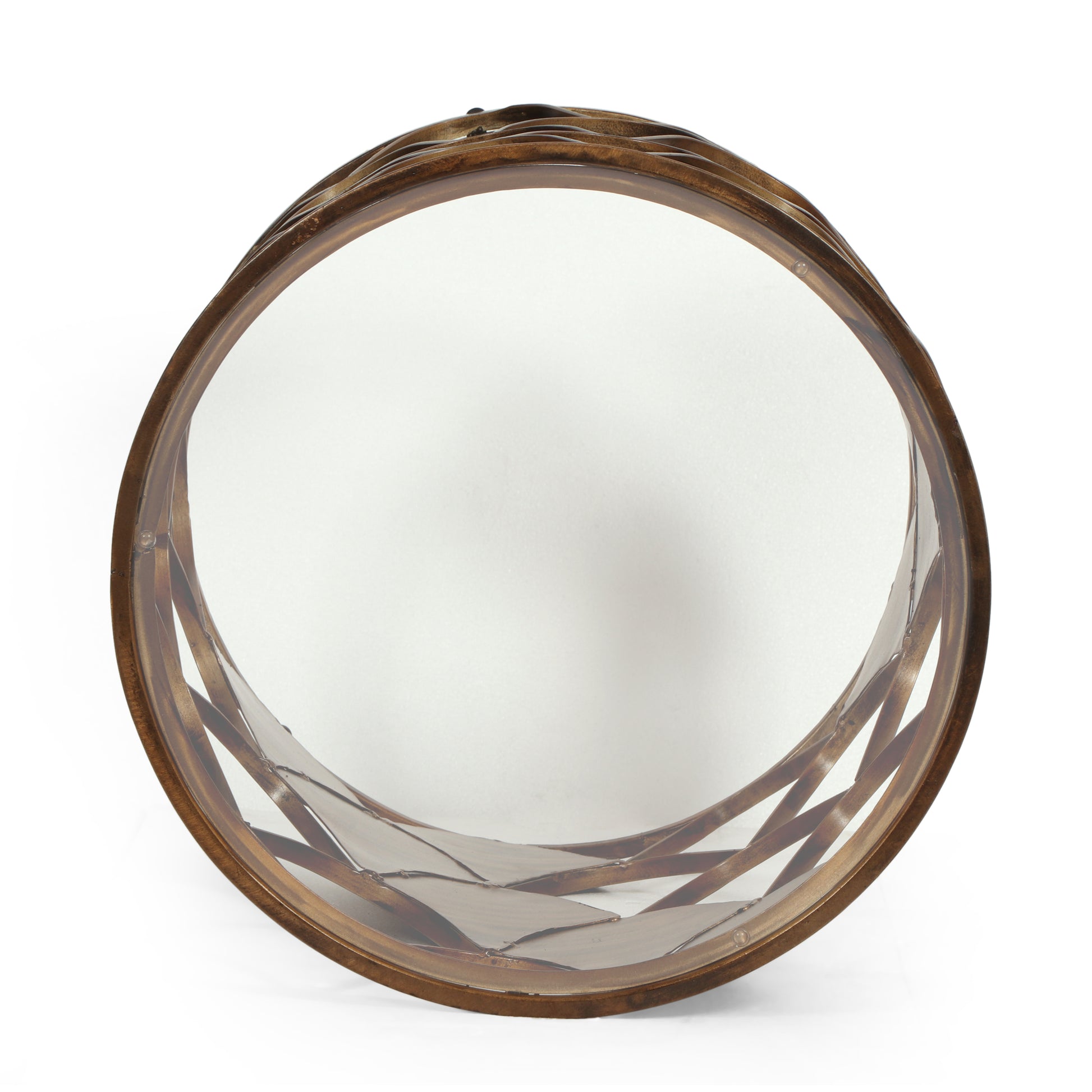 Round gold metal wall mirror with intricate woven frame detail