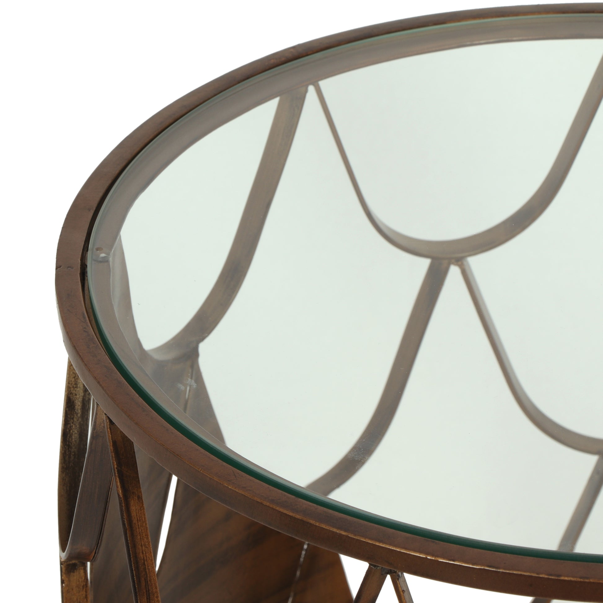 Bronze metal side table with glass top and intricate geometric base