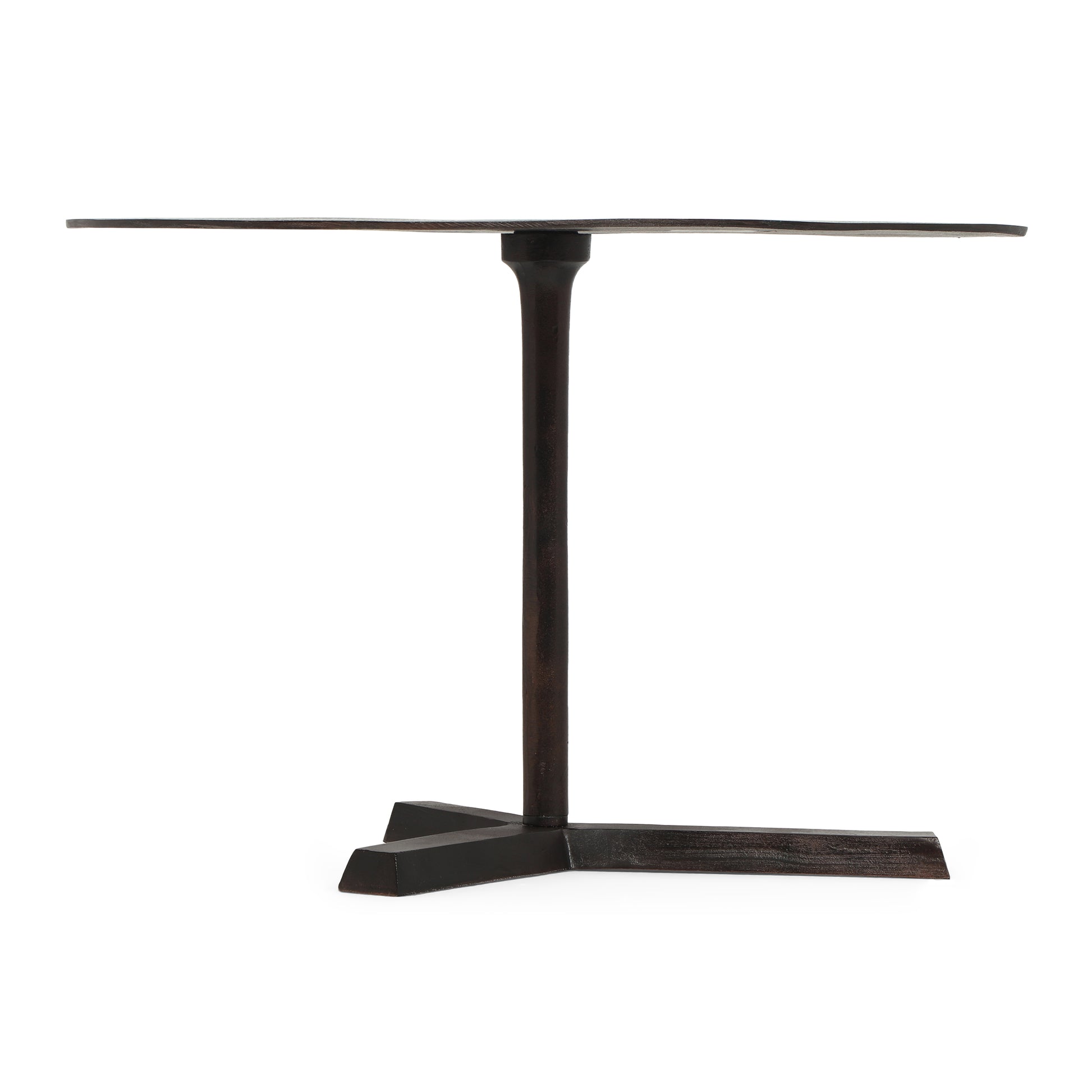 Dark bronze metal side table with a single pedestal leg and wide base