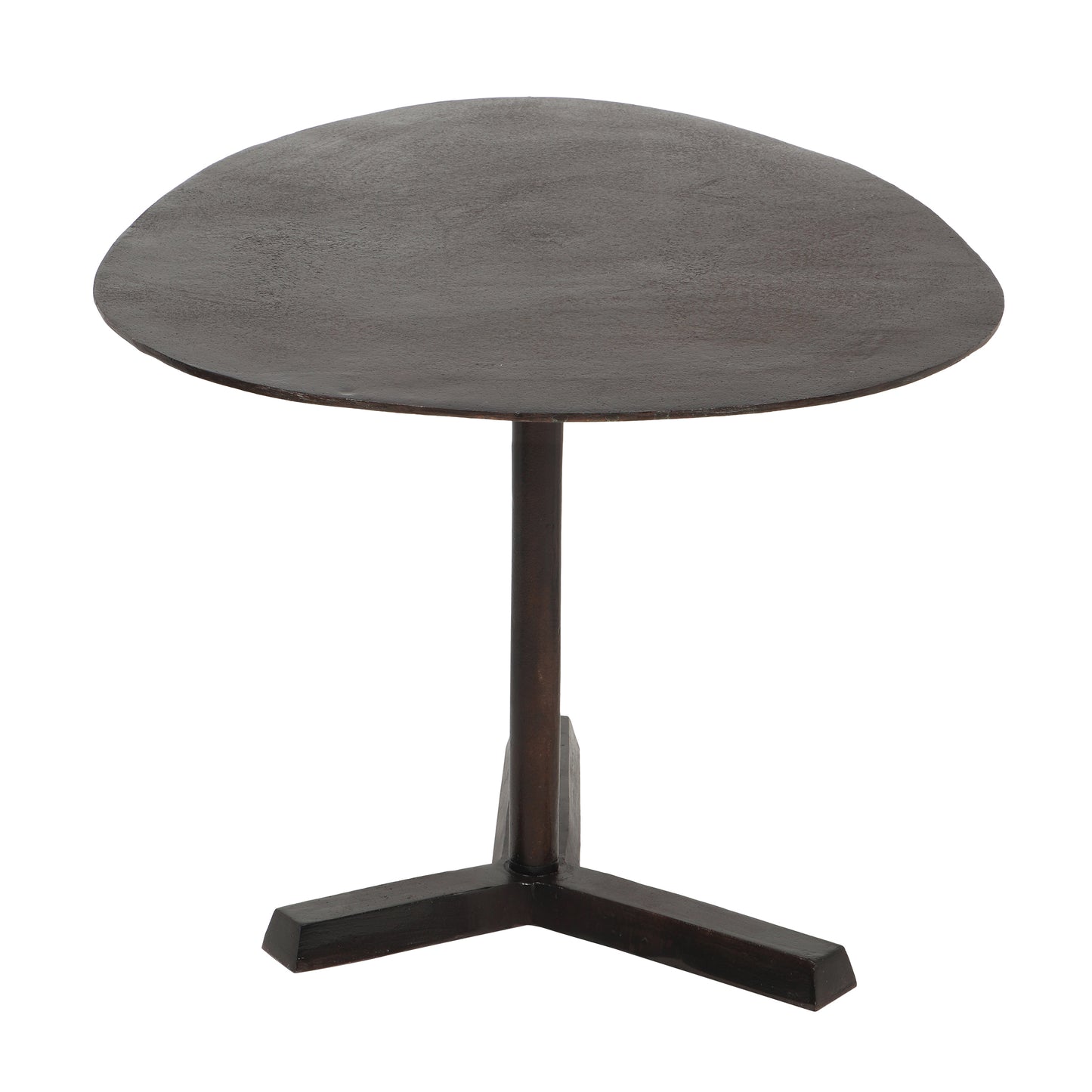 Dark brown wooden side table with a round top and a threelegged base perfect for living rooms