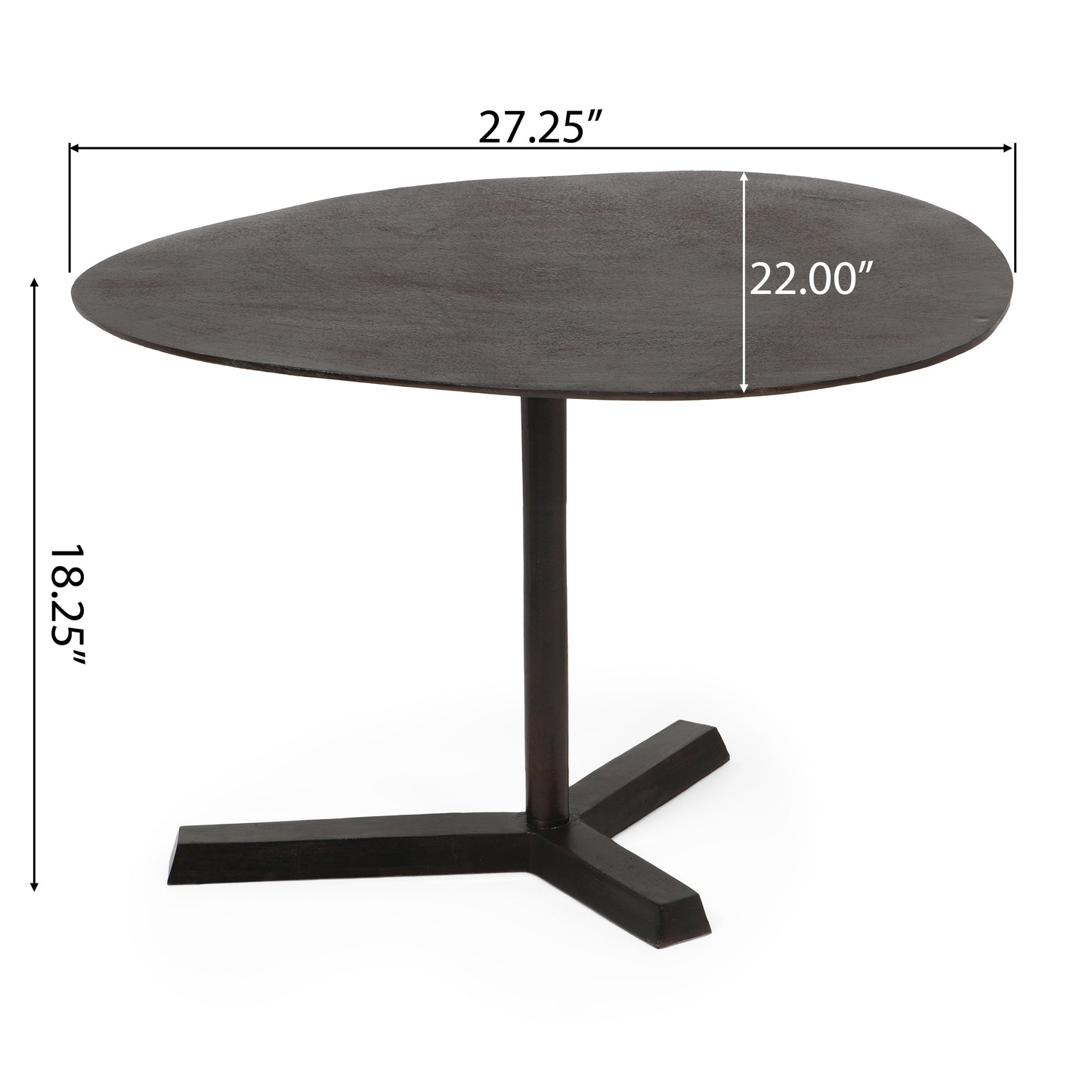 Dark wood accent table with a unique teardrop top and sturdy trileg base measuring  wide