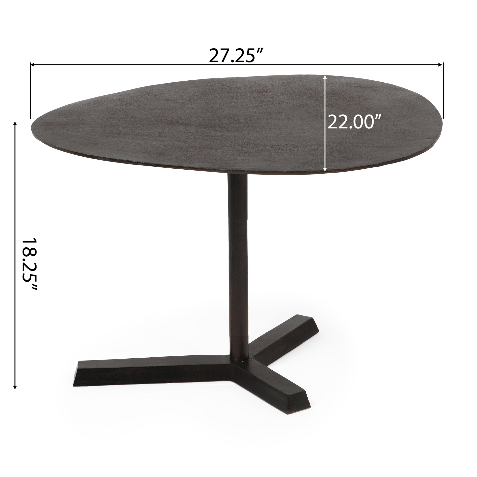 Dark wood accent table with a unique teardrop top and sturdy trileg base measuring  wide