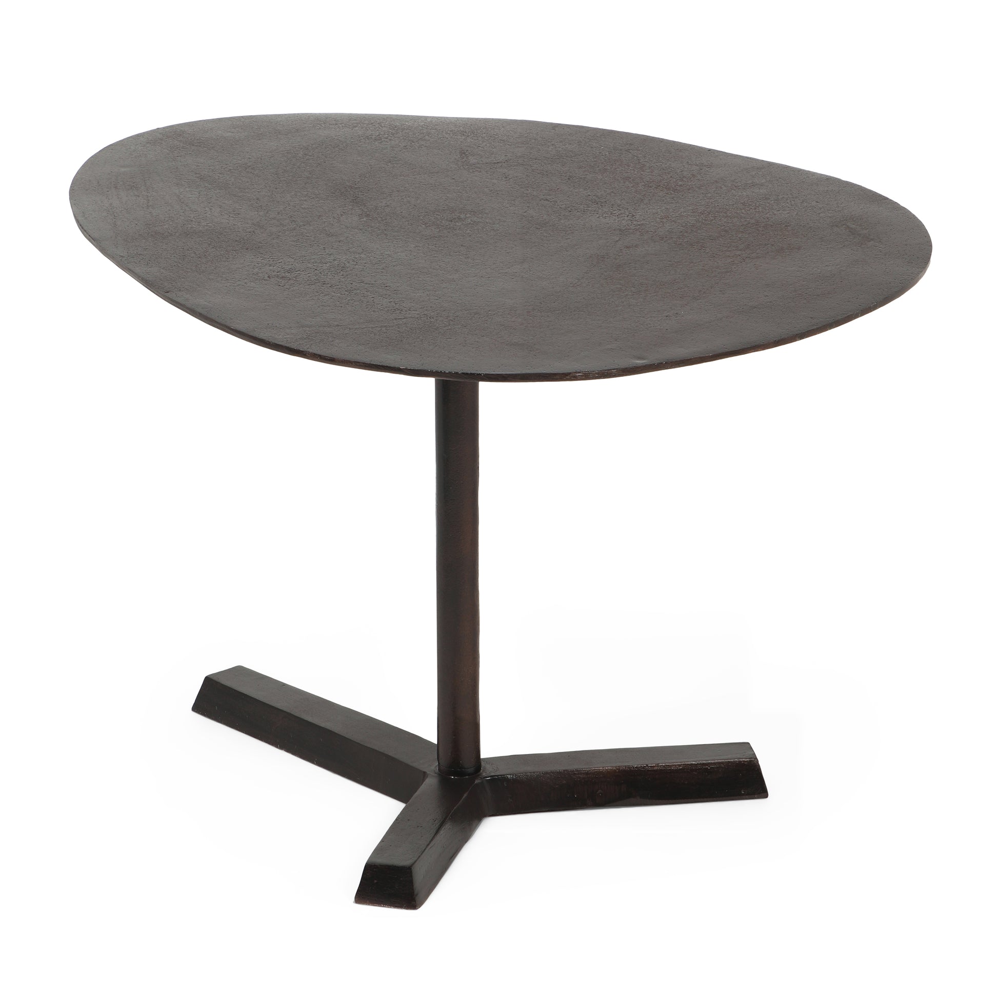 Dark brown metal side table with an abstract asymmetrical top and a tripod base