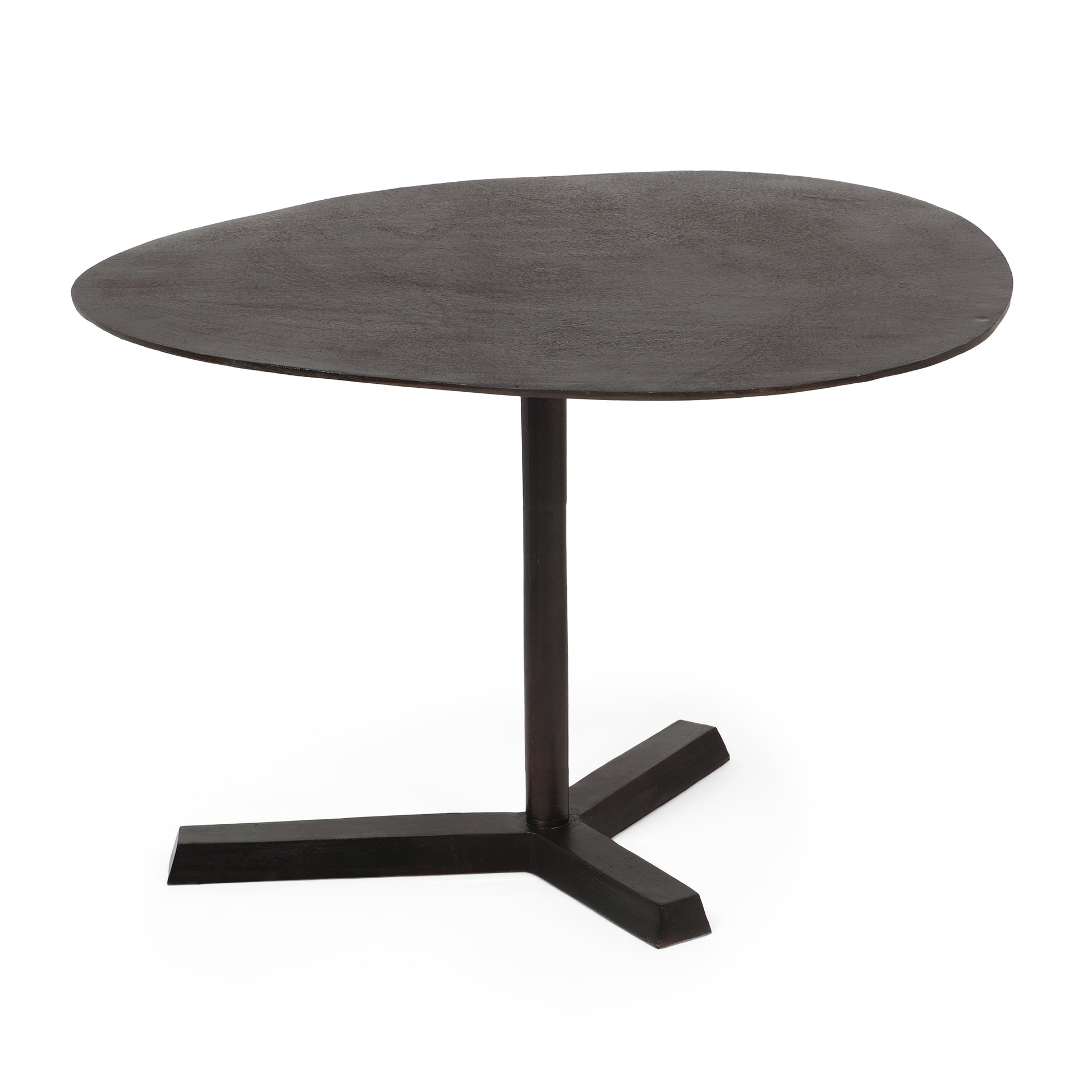 Dark brown textured round side table with a single pedestal base for modern living room decor