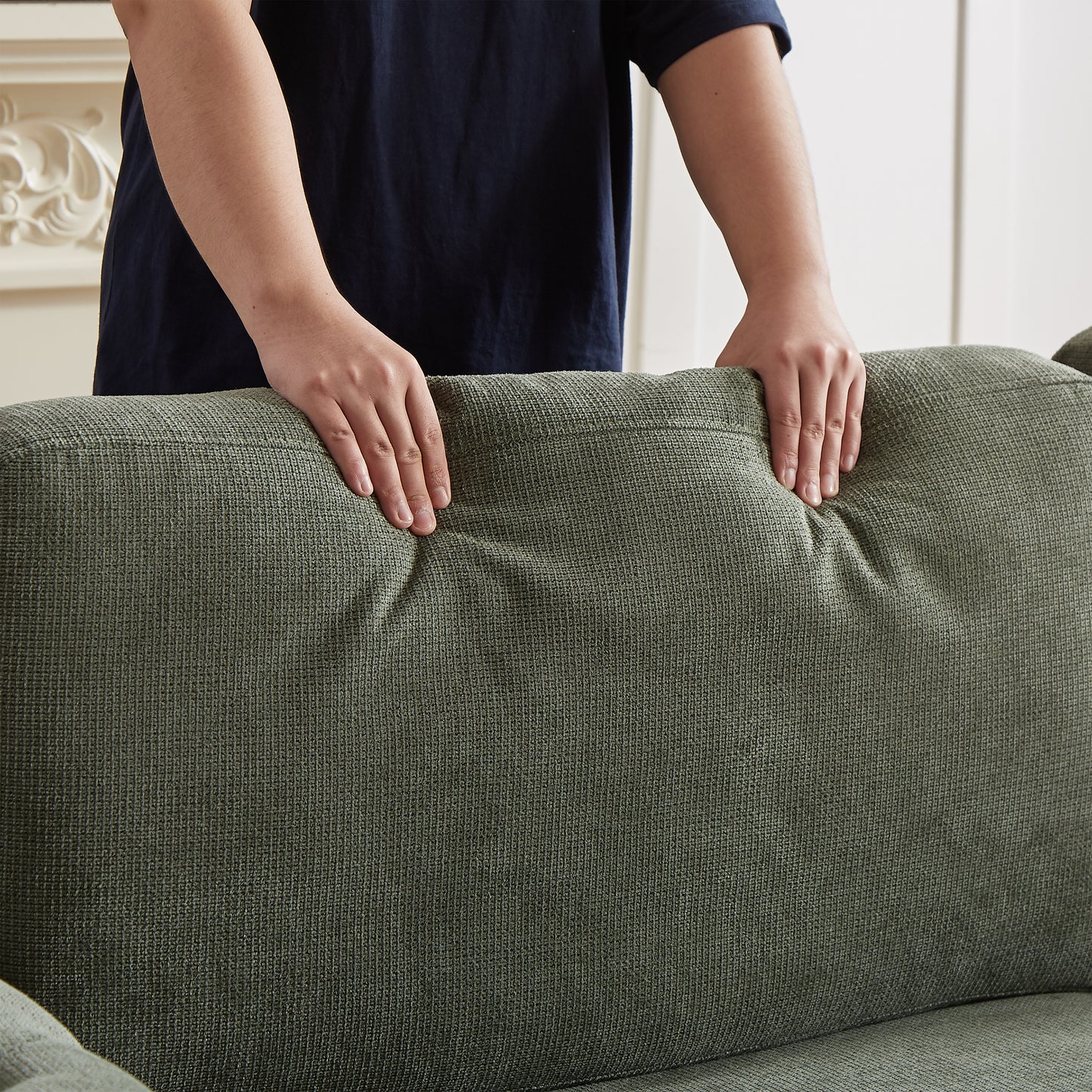 Sage green textured fabric sofa back cushion plush and inviting for any living room