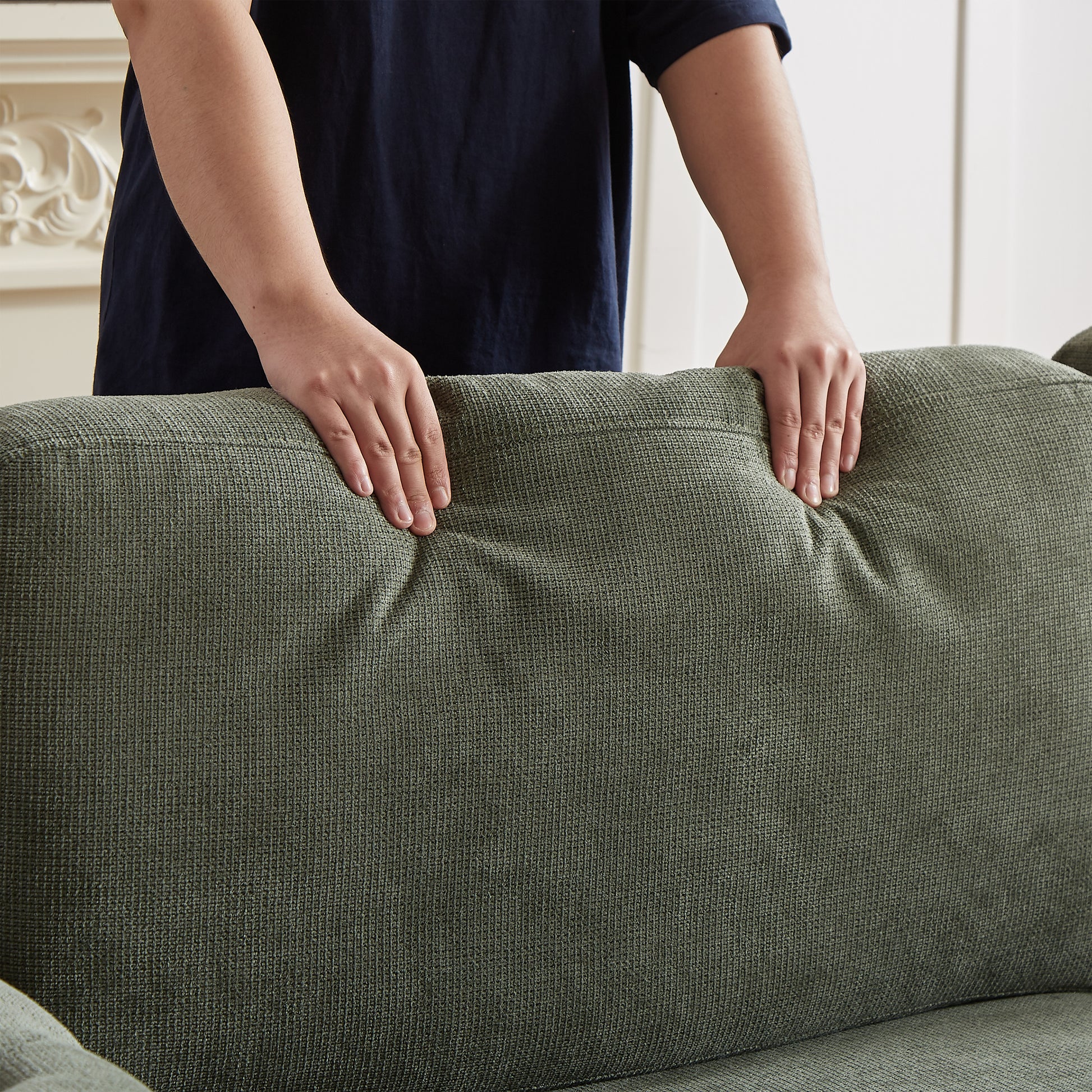 Sage green textured fabric sofa back cushion plush and inviting for any living room