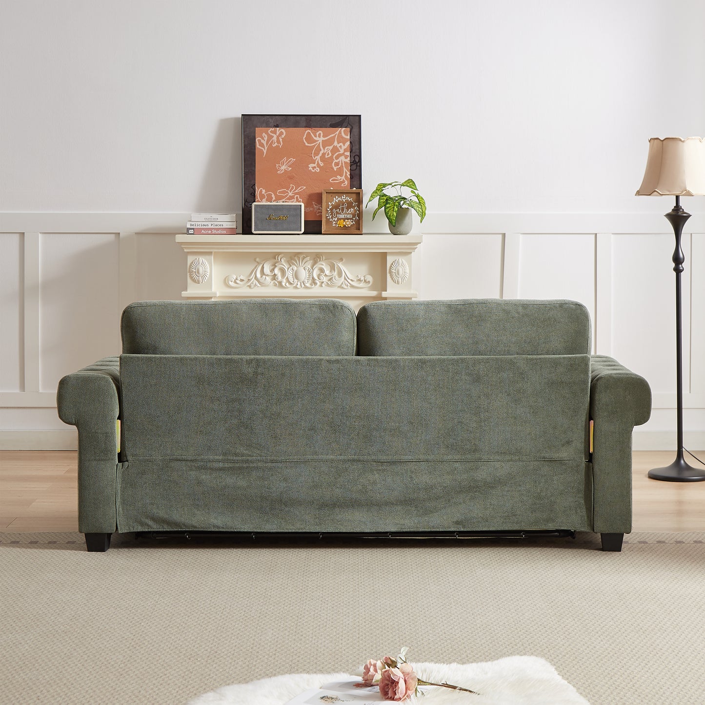 Grey textured fabric sofa with elegant rolled arms and a classic design perfect for living rooms