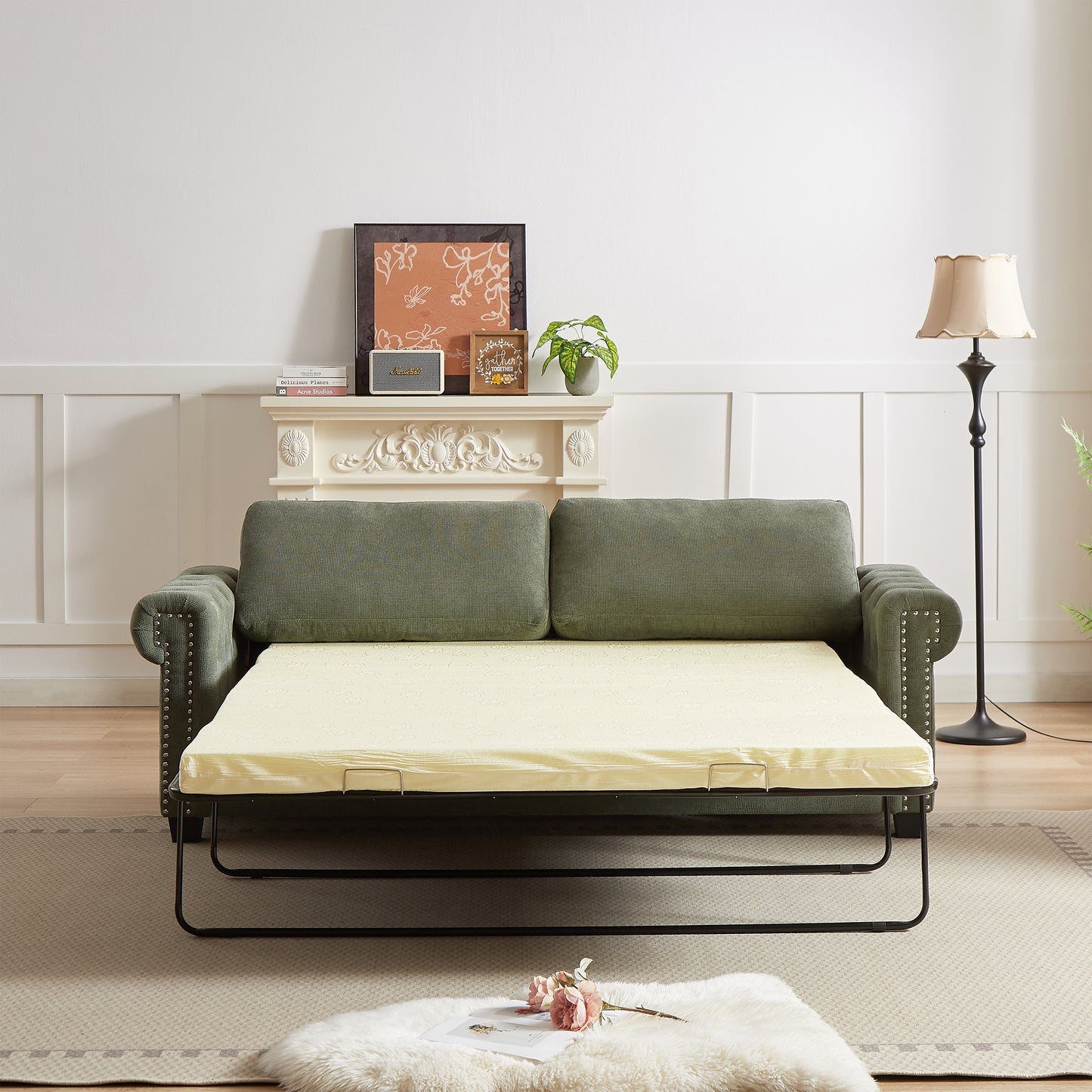Green tufted sofa bed with plush mattress modern living room furniture