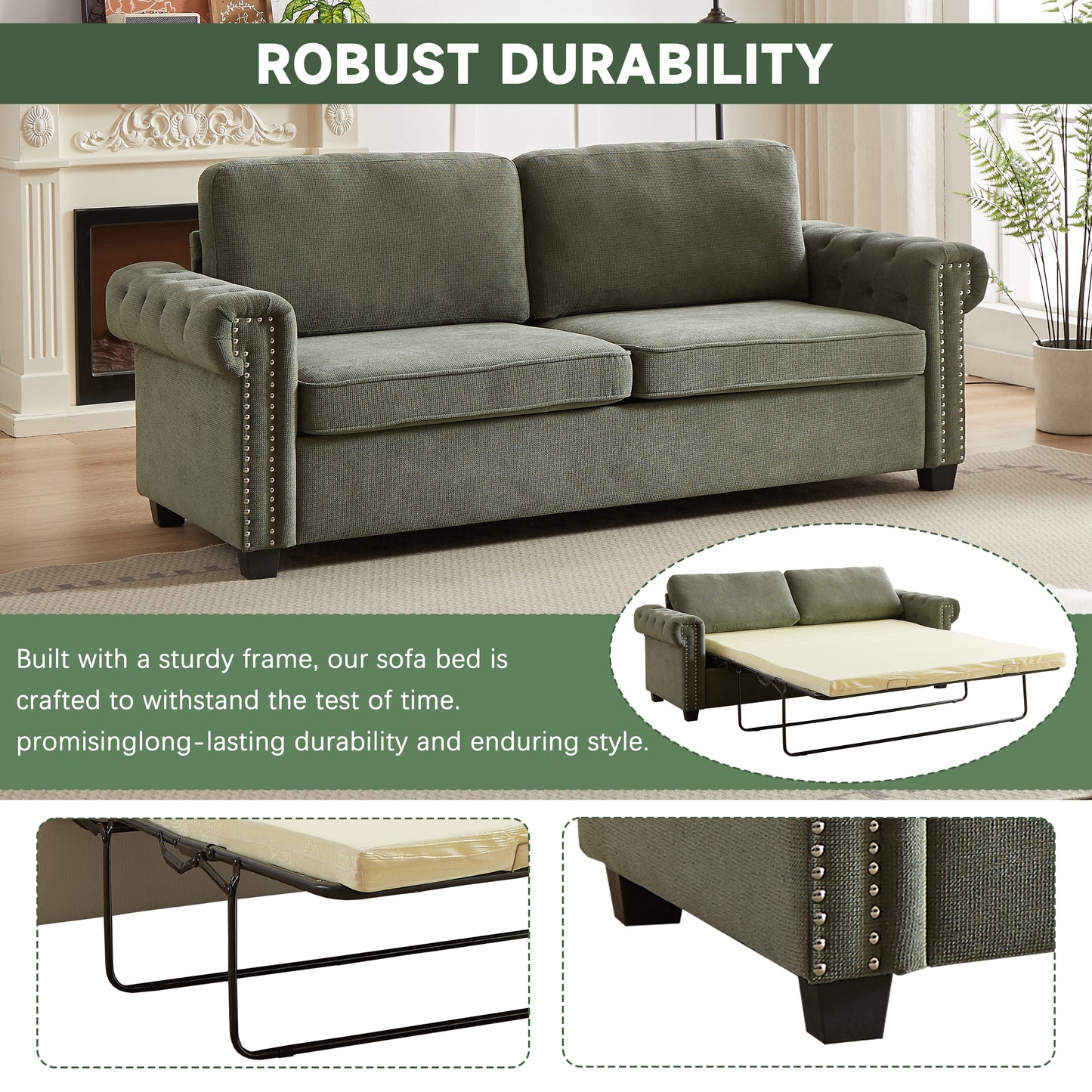 Green linen sofa bed with tufted arms and nailhead trim details
