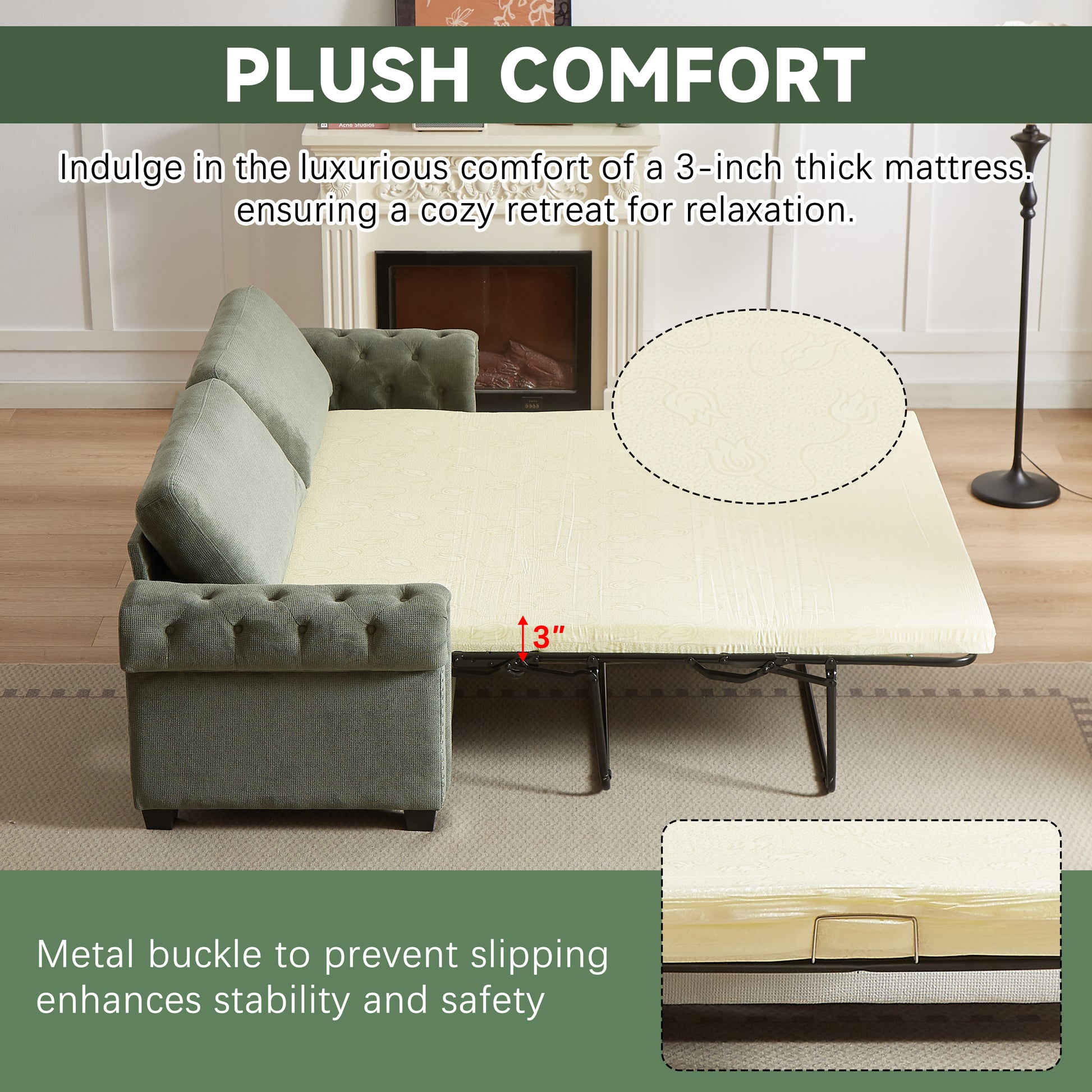 Cream inch thick mattress with subtle floral pattern on sofa bed