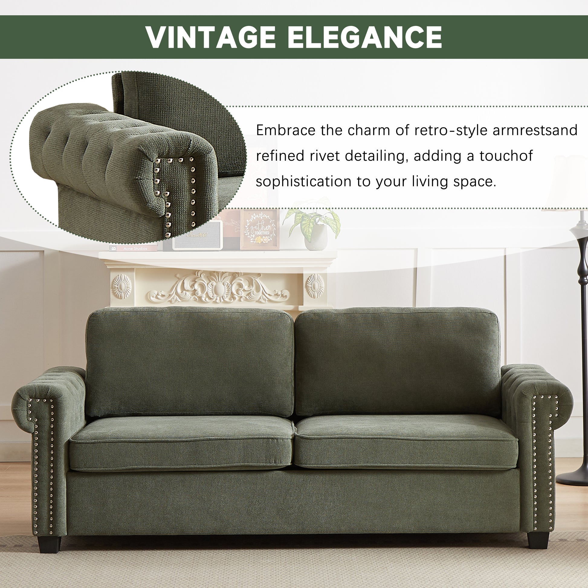Dark green linen upholstered sofa with tufted arms and silver nailhead trim