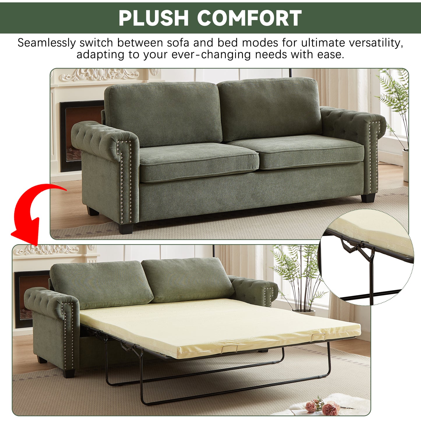 Green tufted sofa with nailhead trim shown as a pullout bed with yellow mattress