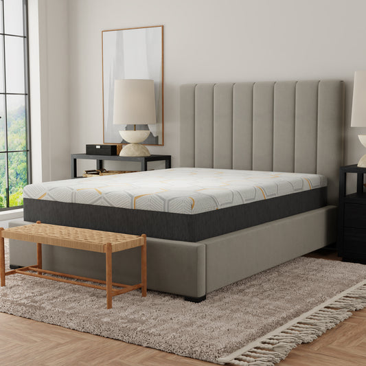 Memory foam mattress with white grey and yellow geometric pattern for comfortable sleep