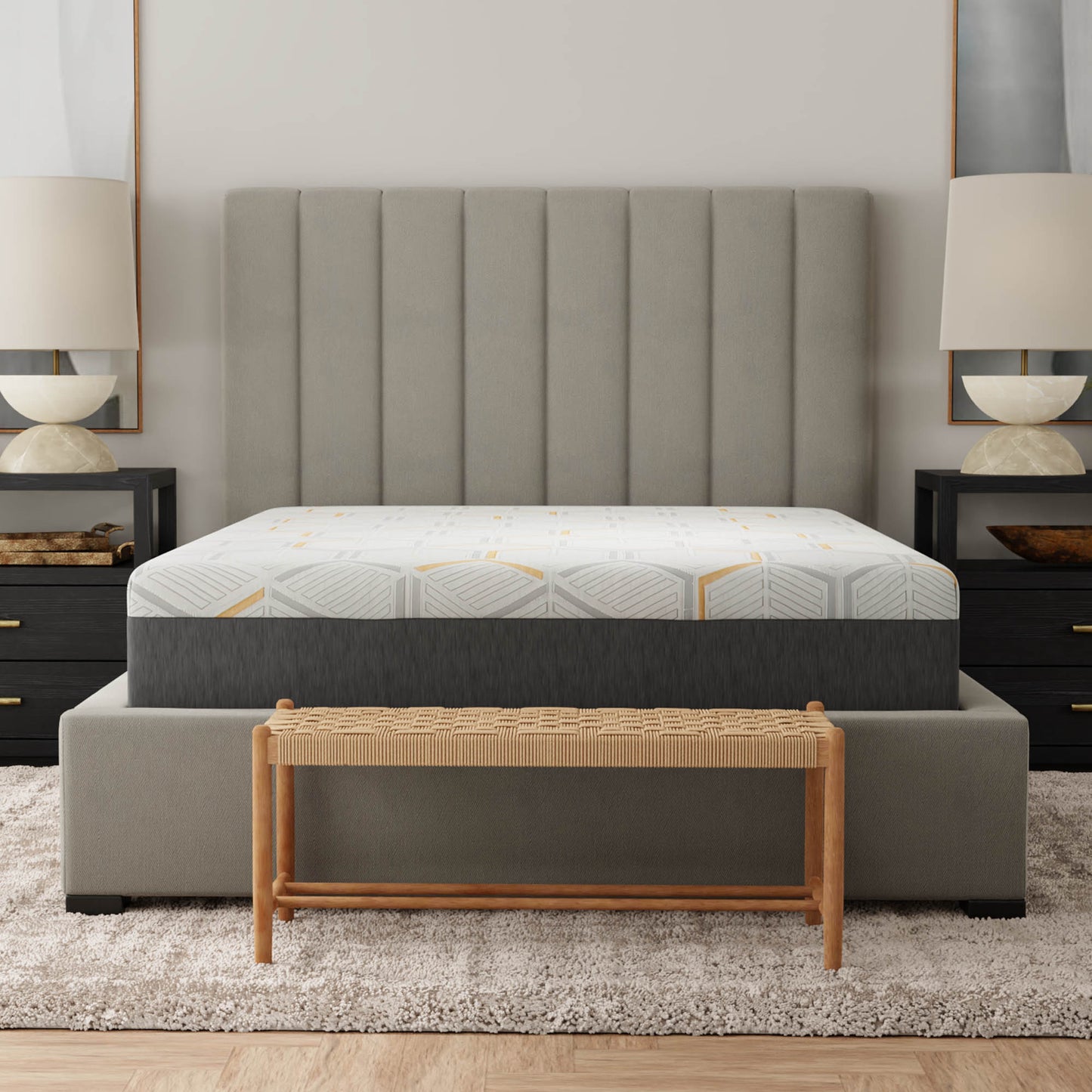 White and gray patterned hybrid mattress with dark gray sides queen size