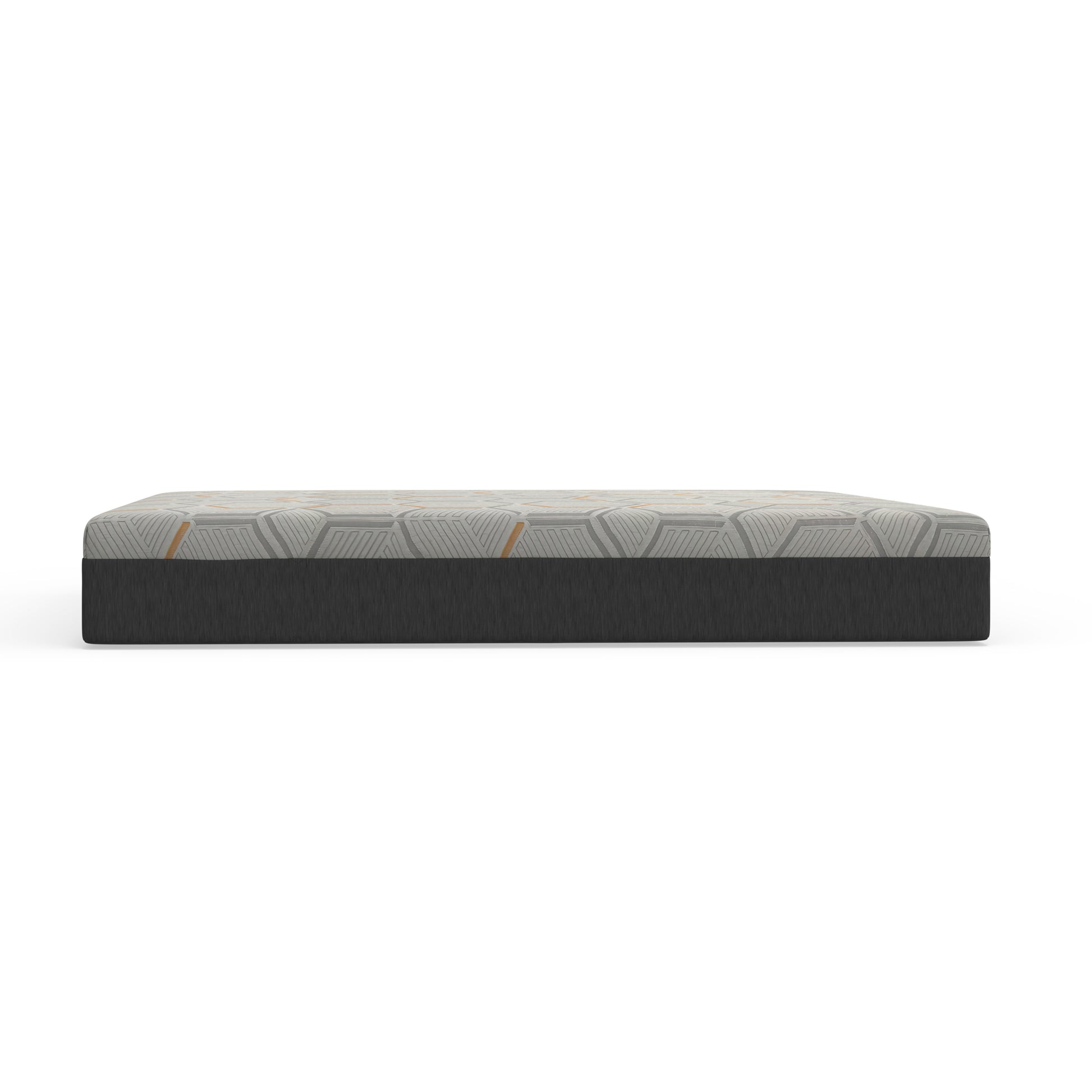 Modern grey mattress with geometric pattern top and charcoal base offering ultimate comfort