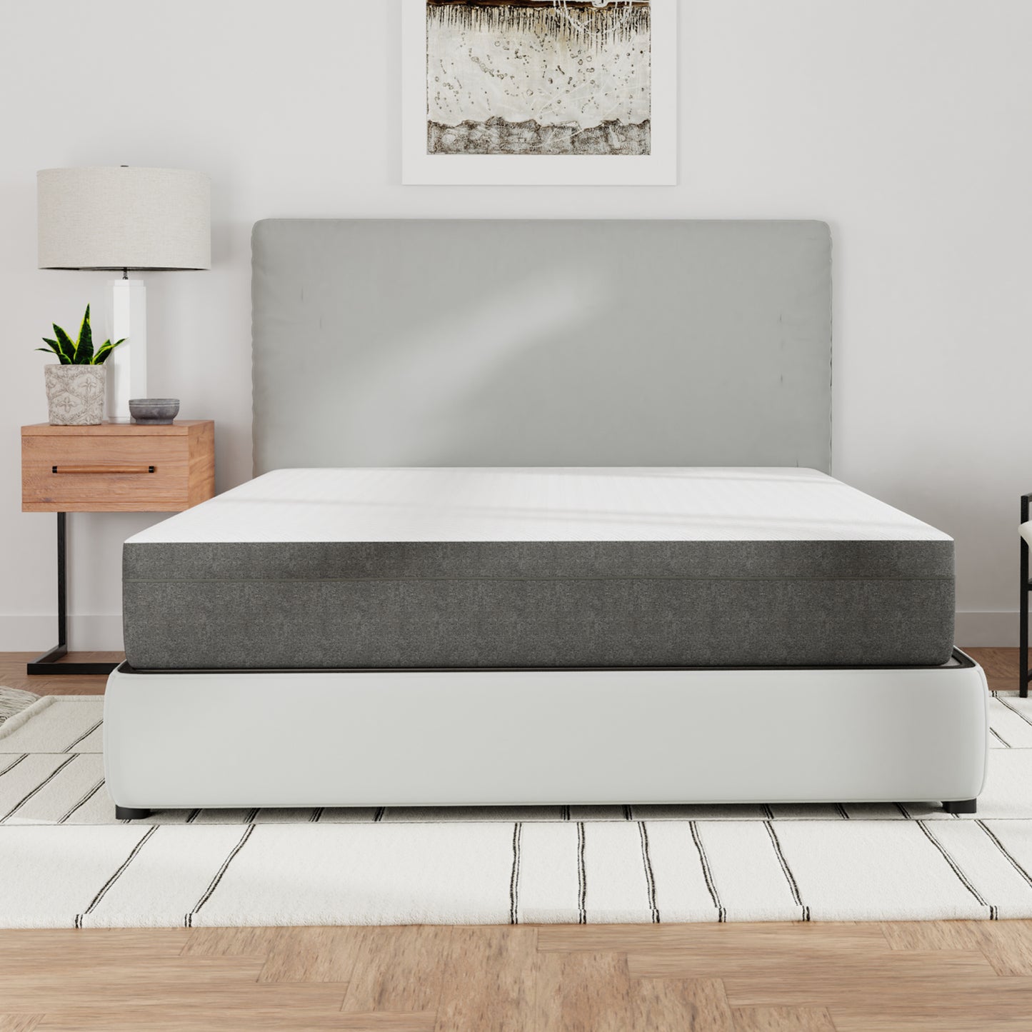 Queen size grey and white hybrid mattress with plush top layer