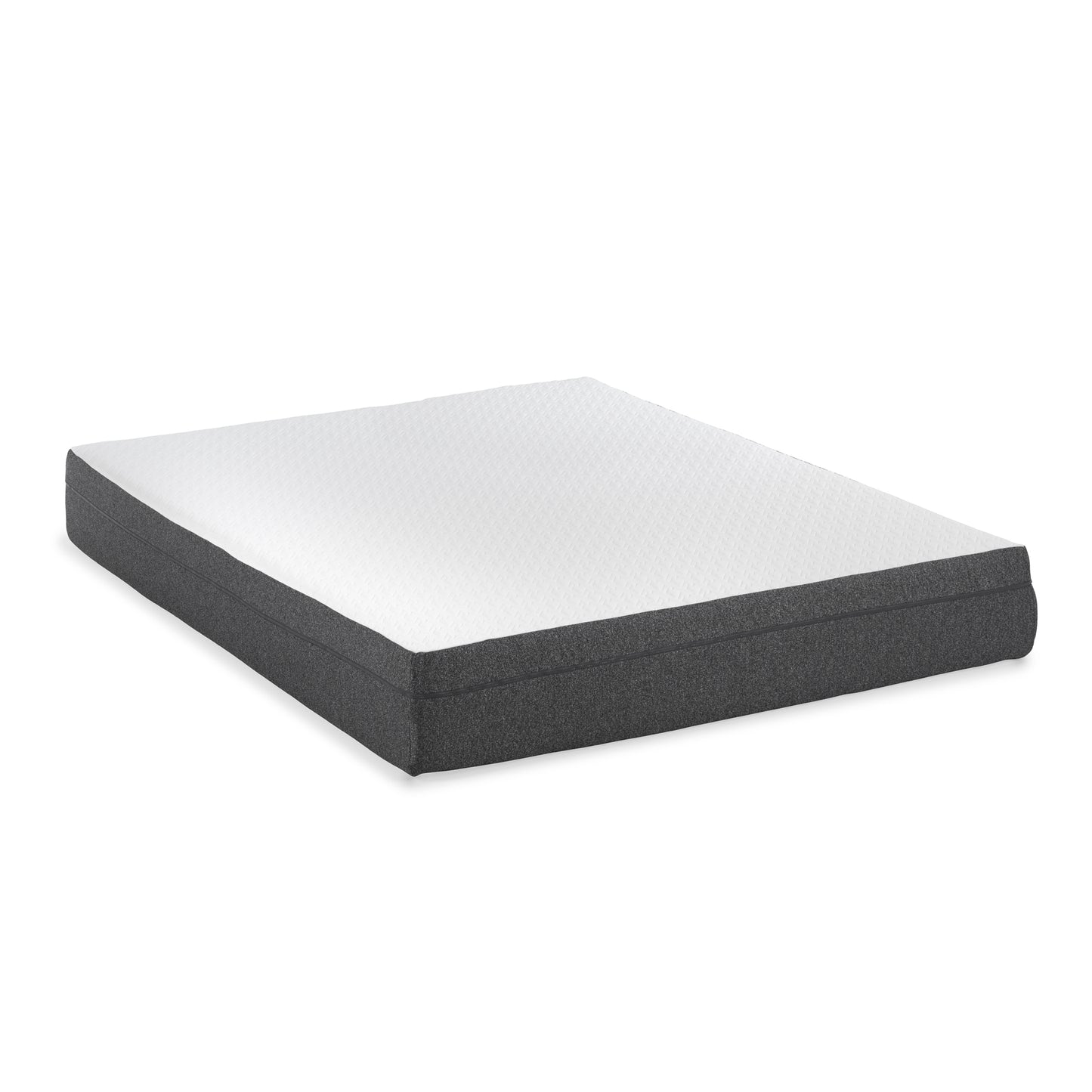 White queen size mattress with textured top and charcoal grey sides for comfortable sleep