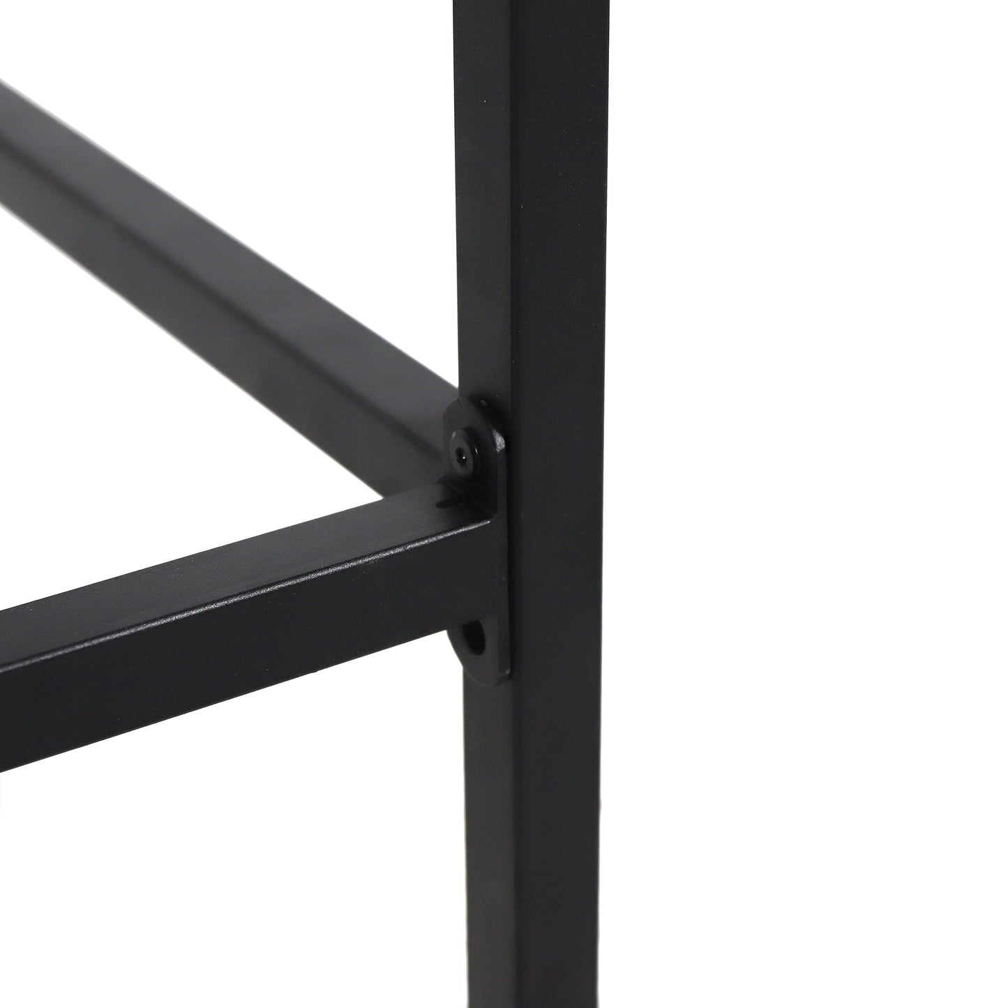 Black metal shelving unit support bracket detail with visible screw