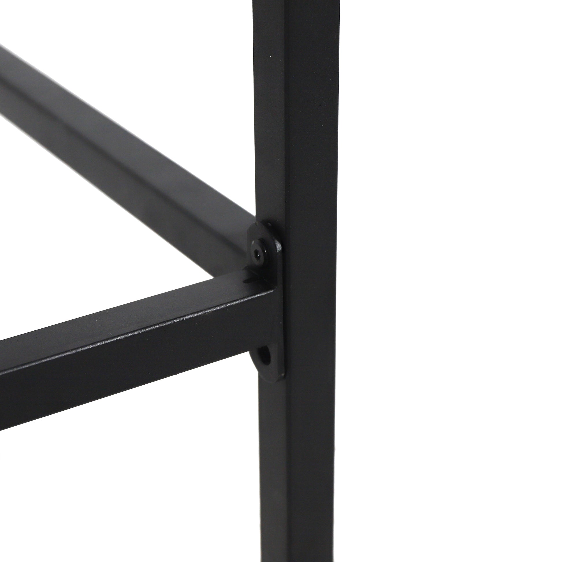 Black metal shelving unit support bracket detail with visible screw