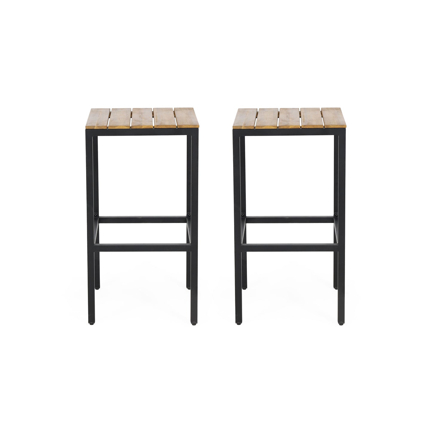 Two modern bar stools with natural wood slatted seats and black metal frames