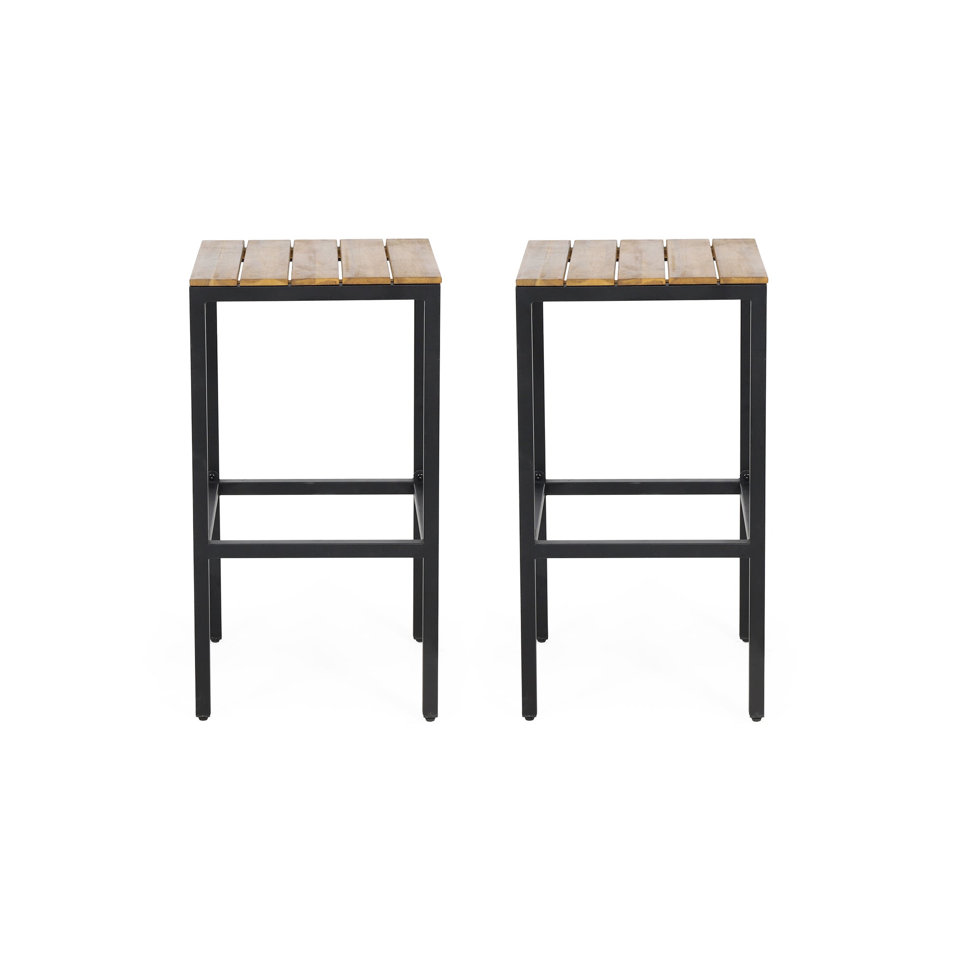 Two modern bar stools with natural wood slatted seats and black metal frames