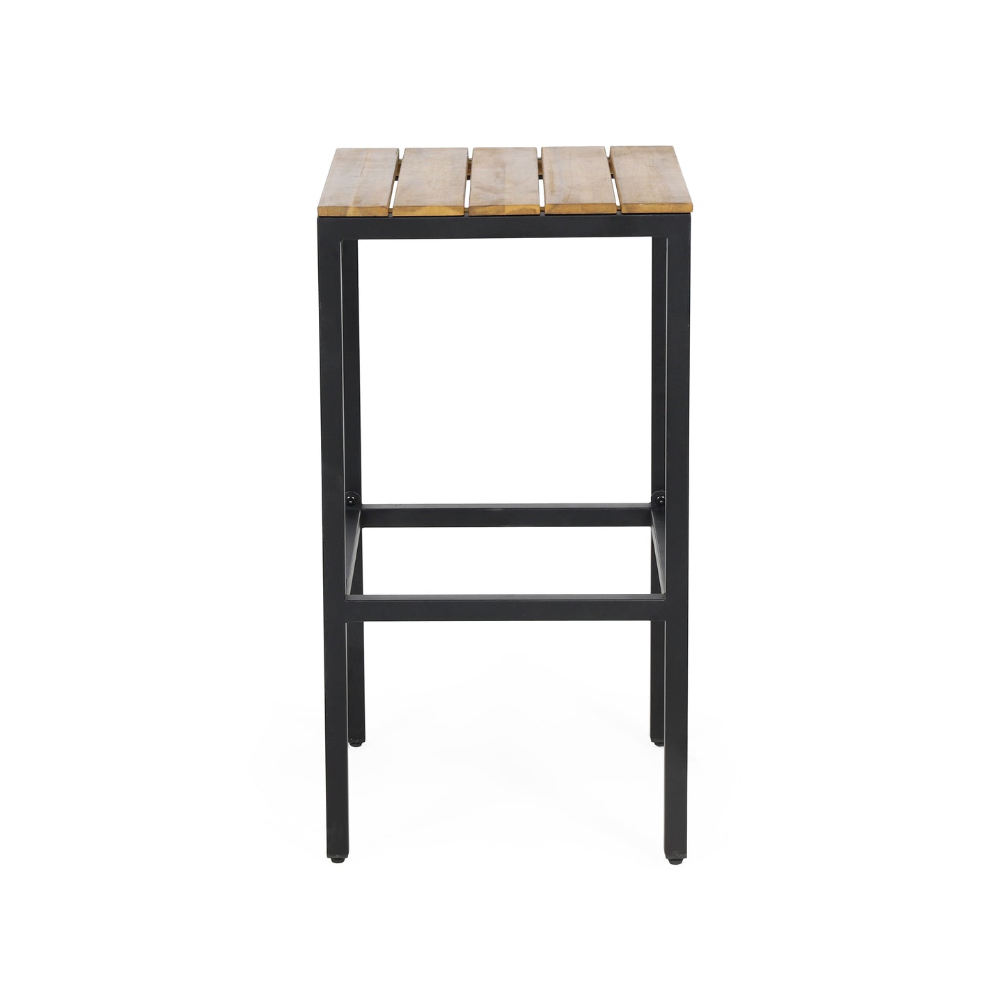 Modern outdoor bar stool with a slatted natural wood seat and black metal frame