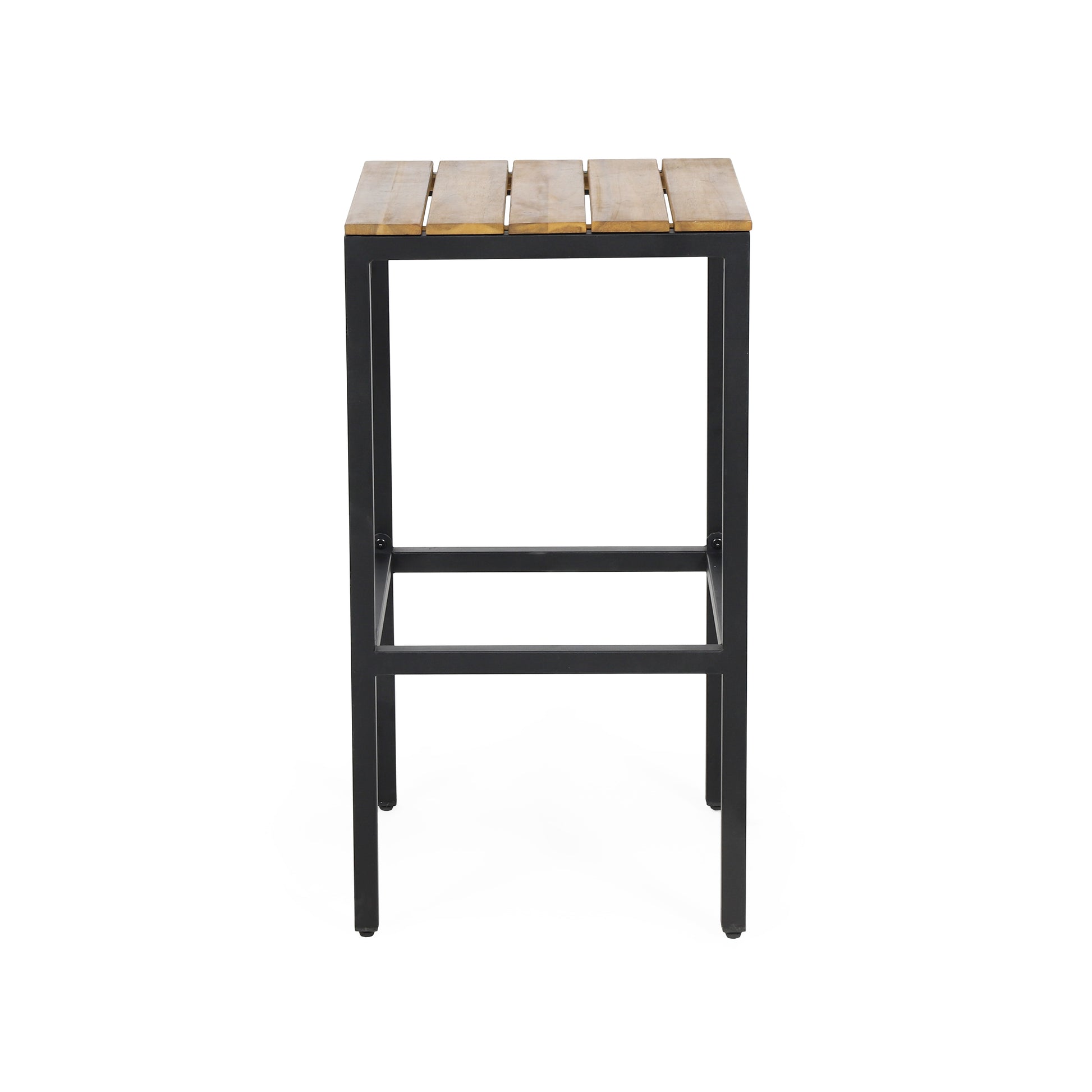 Modern outdoor bar stool with a slatted natural wood seat and black metal frame