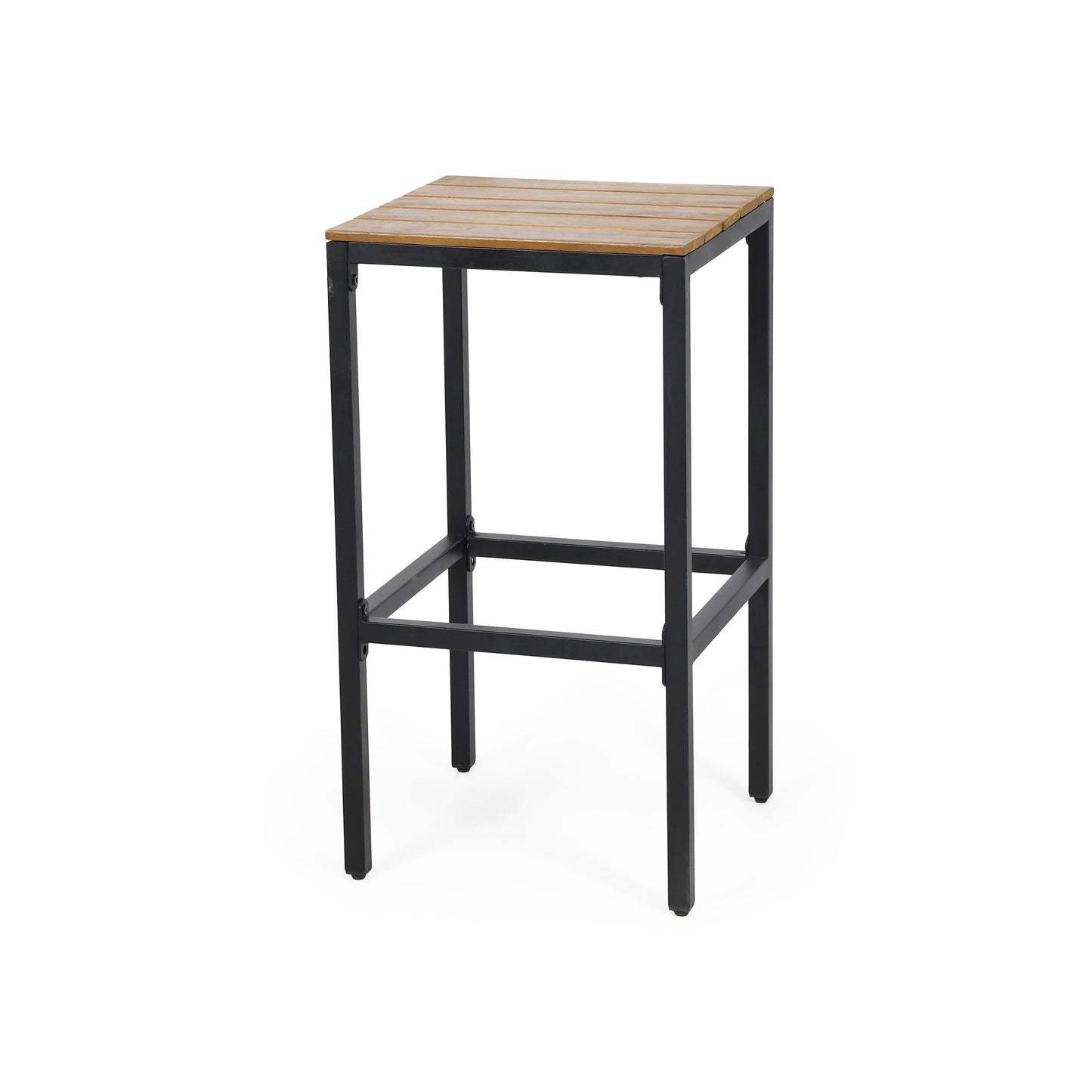 Square wooden top bar stool with black metal frame and legs