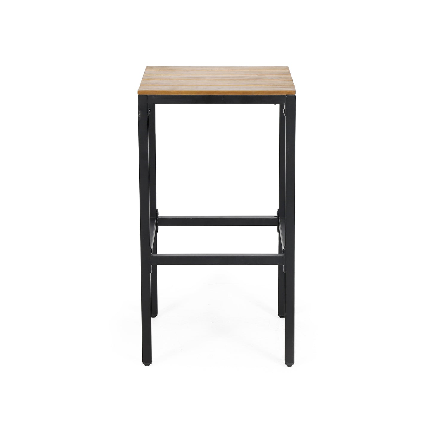 Wooden slatted top bar stool with black metal frame ideal for modern kitchens