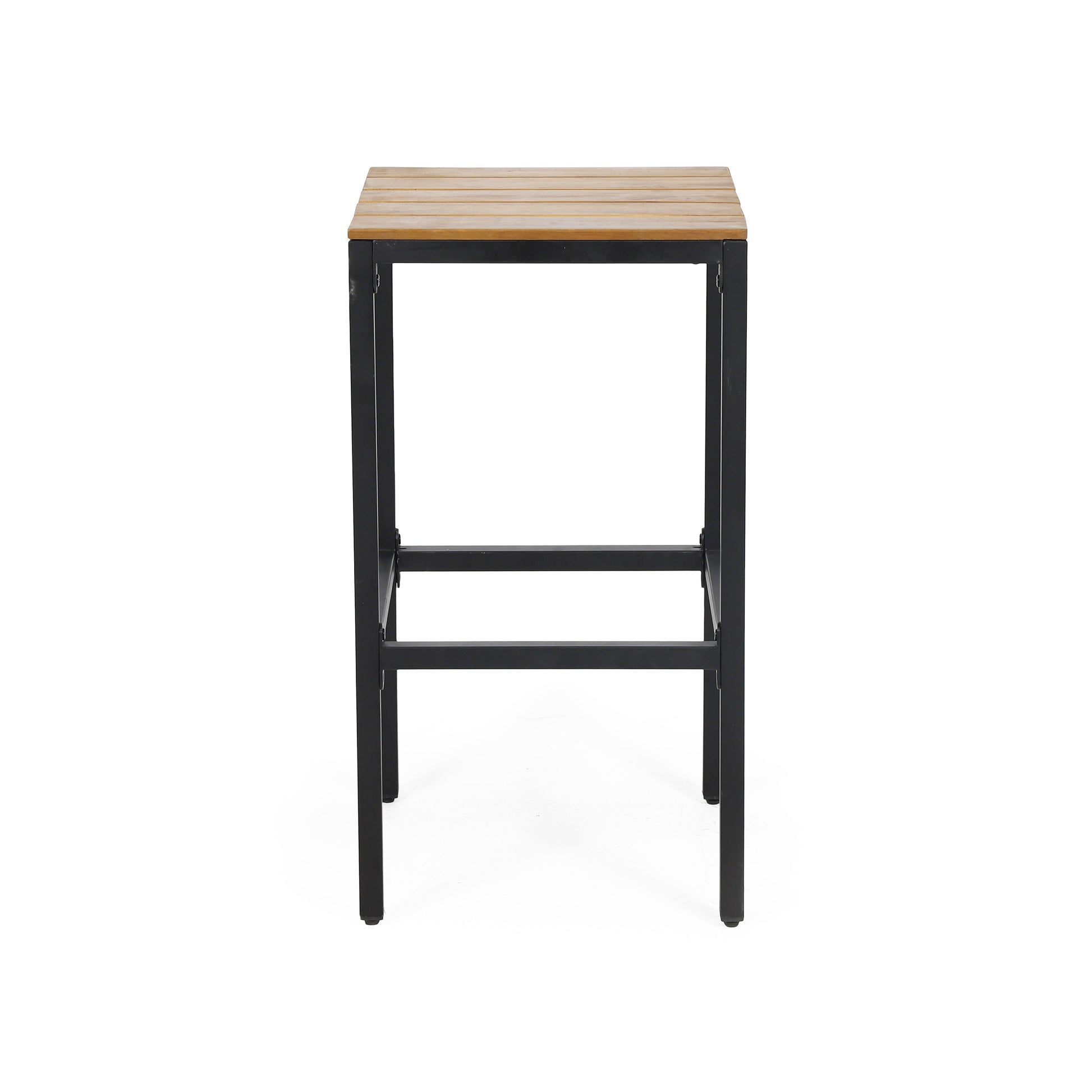 Wooden slatted top bar stool with black metal frame ideal for modern kitchens
