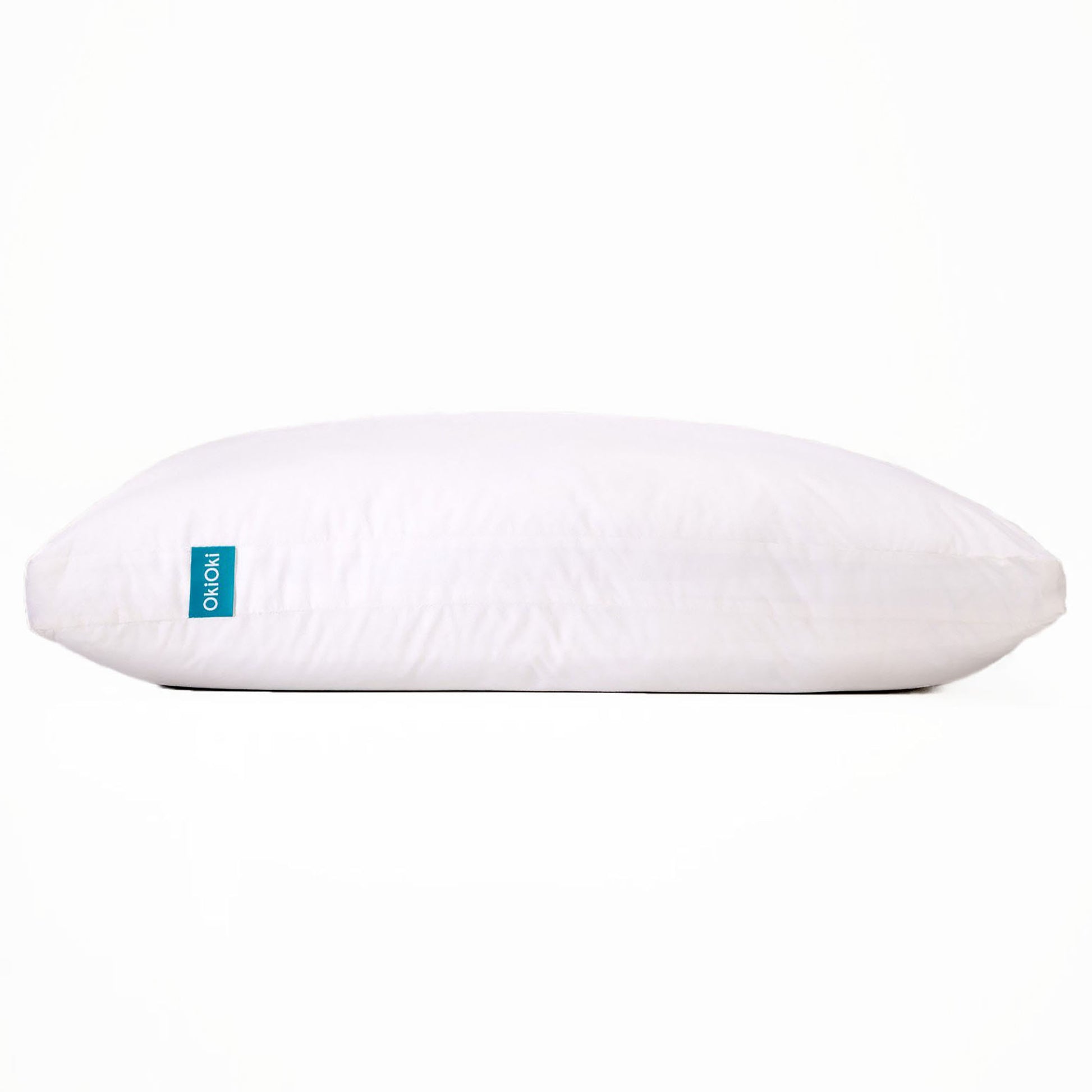 Plush white down pillow with a subtle OkiOki logo perfect for comfortable sleep