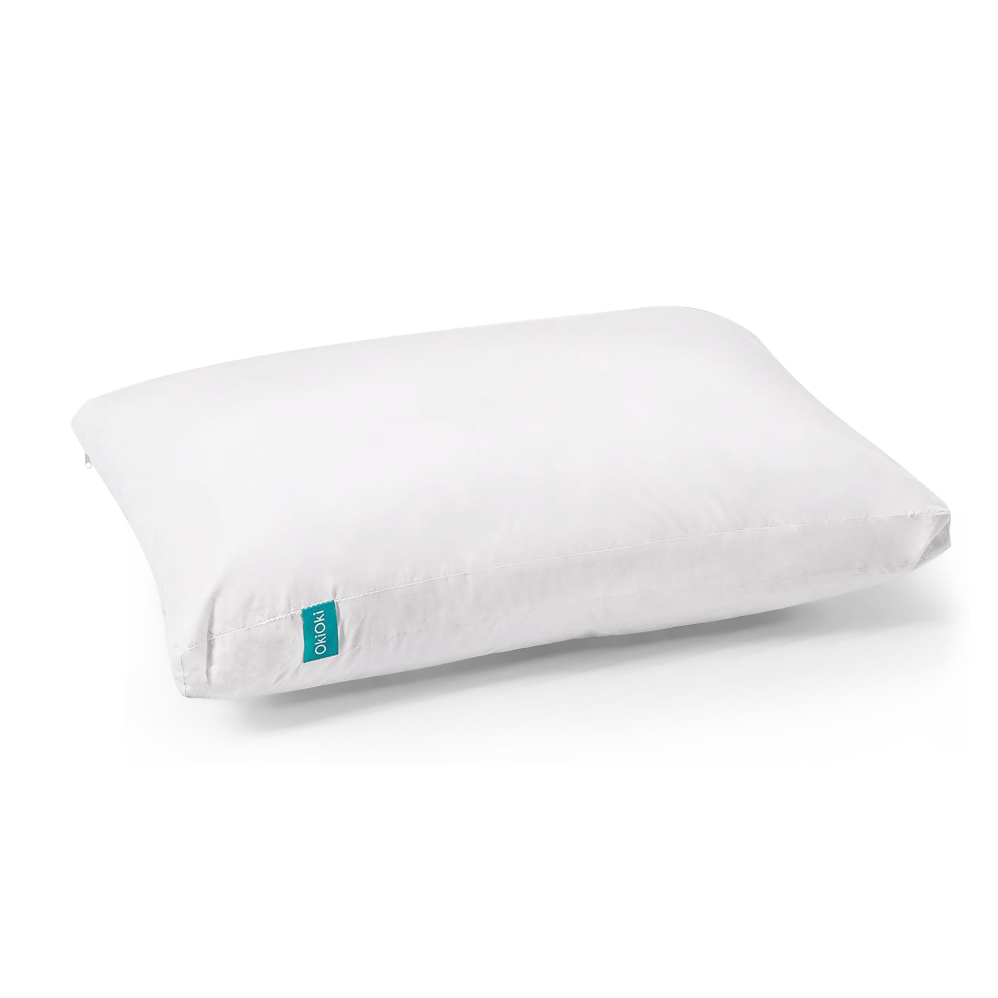 White firm pillow with a teal OkiOki tag on the left side