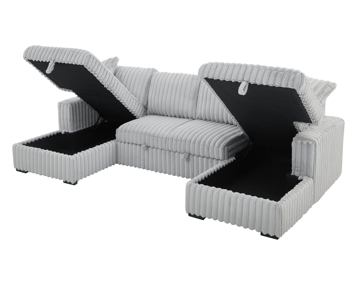 Light gray plush corduroy sectional sofa with hidden storage compartments