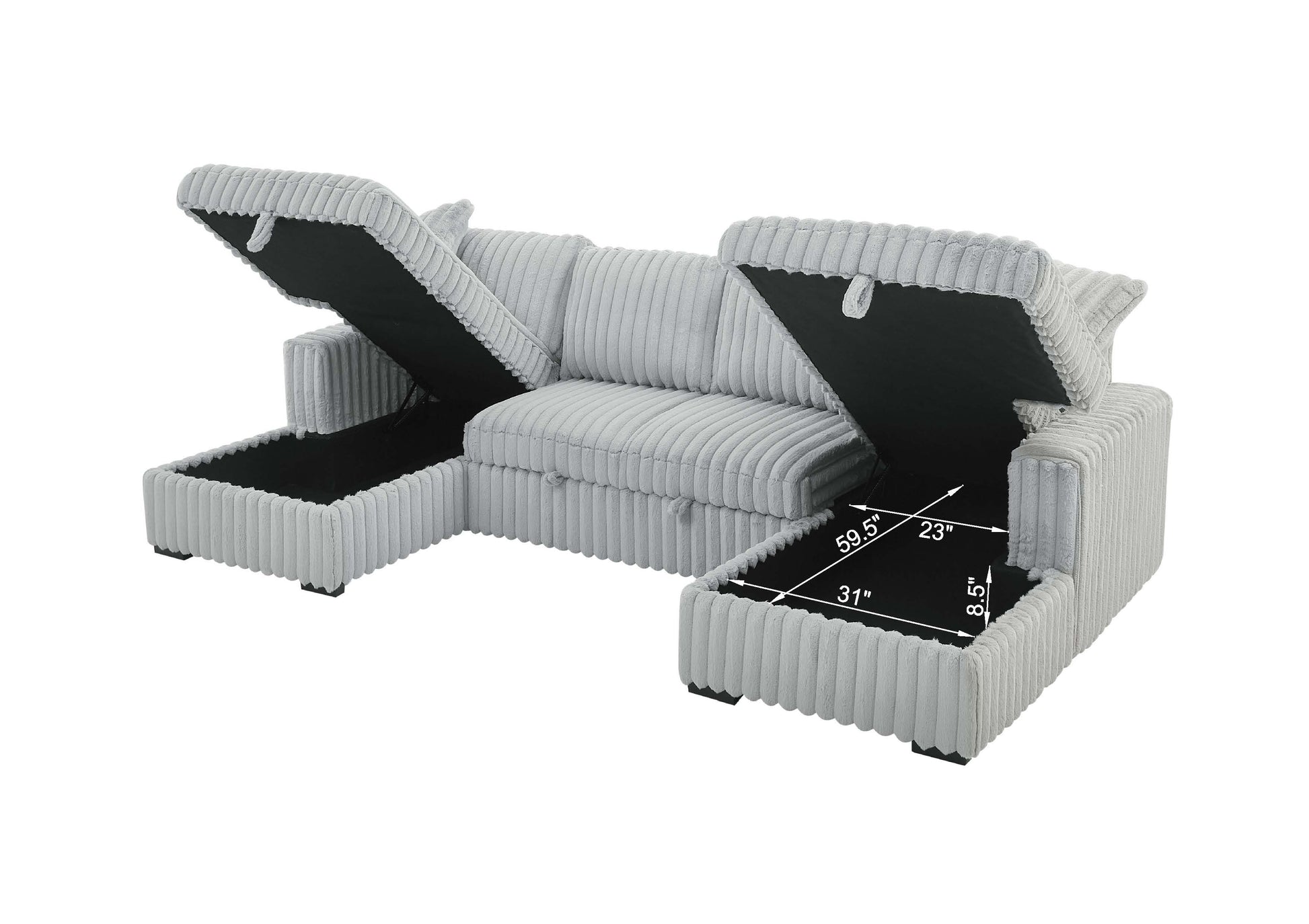 Light grey corduroy sectional sofa with hidden storage compartments and open lids