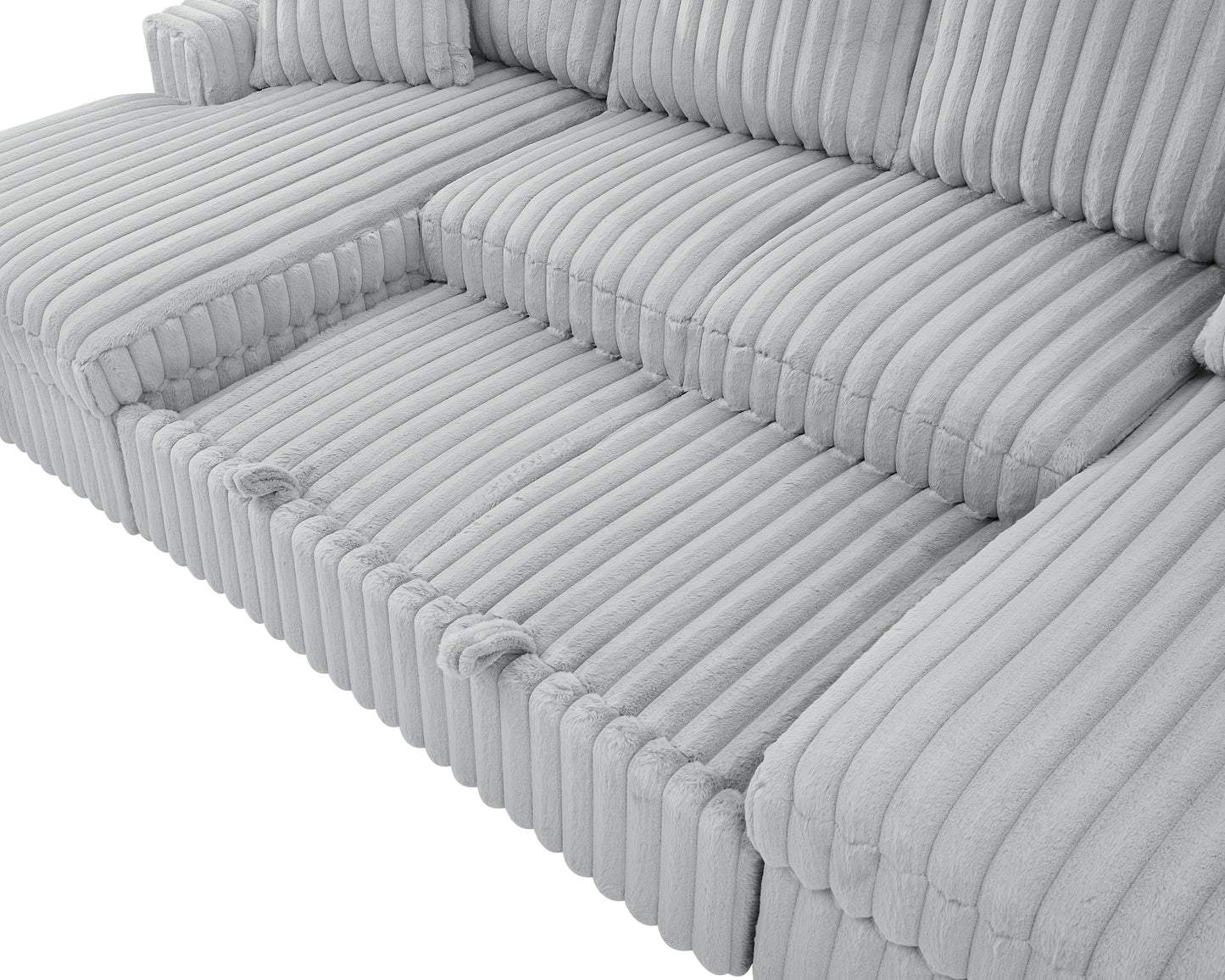 Closeup of a plush gray corduroy sectional sofa offering comfort and style for any living room